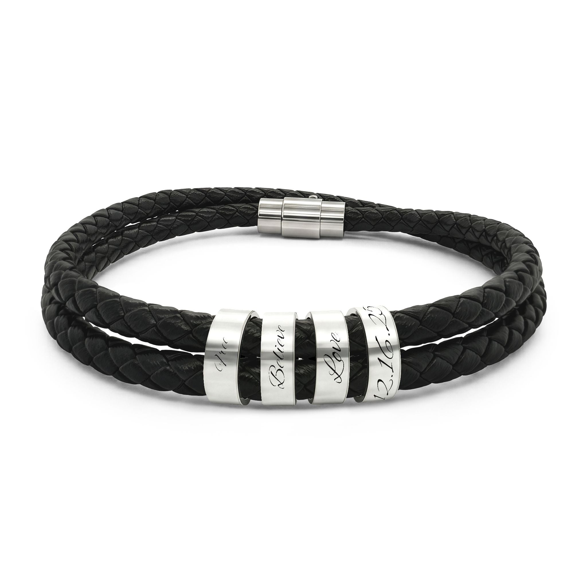 Personalized Black Braided Leather Bracelet with Engraved Stainless Steel Beads