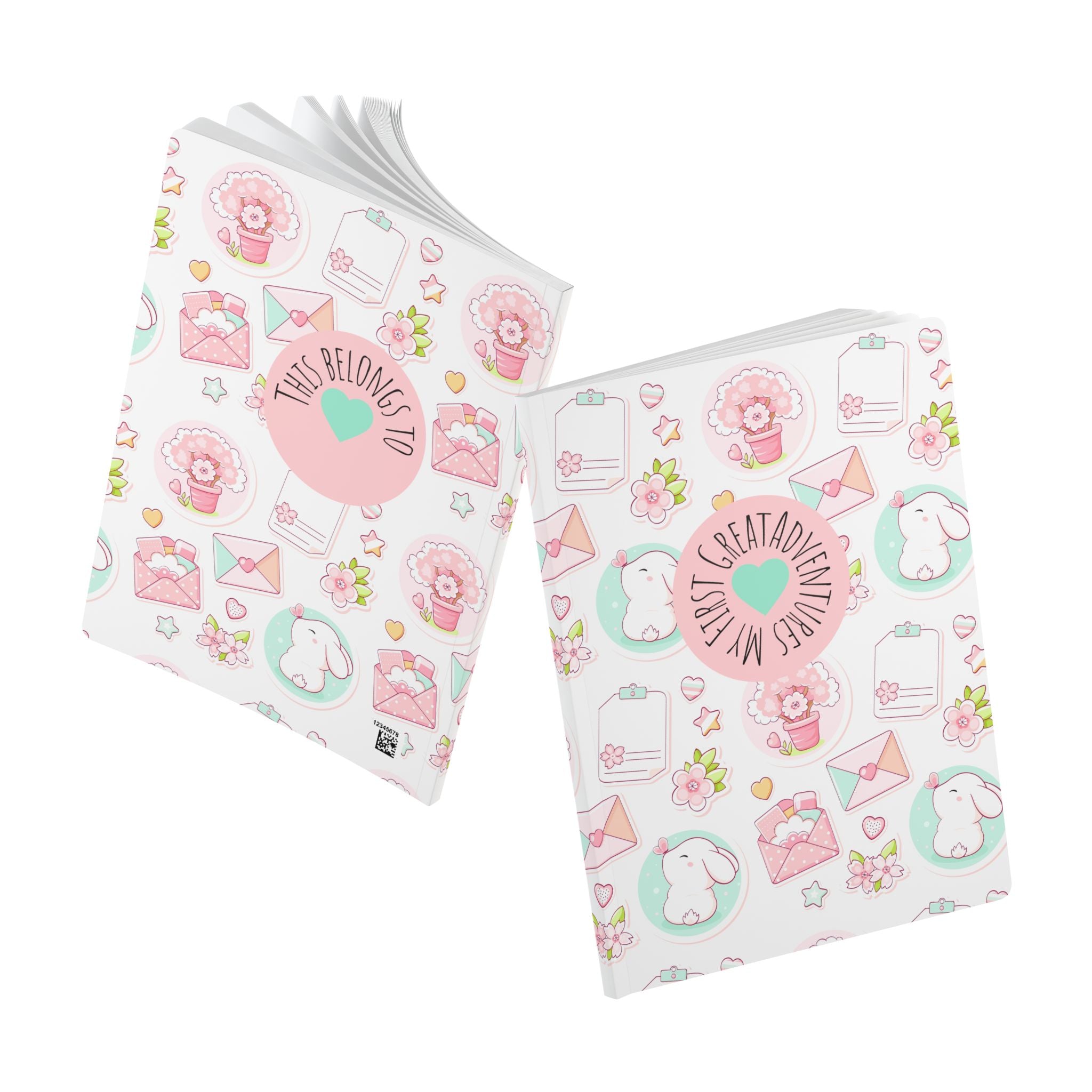 Cute Pastel Bunny Softcover Journal  | My Great Adventures Floral & Letter Pattern