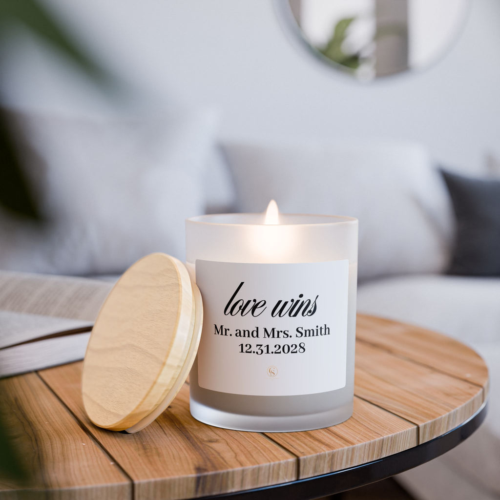 Personalized “Love Wins” Frosted Glass Candle — 11 oz Wedding & Anniversary Gift