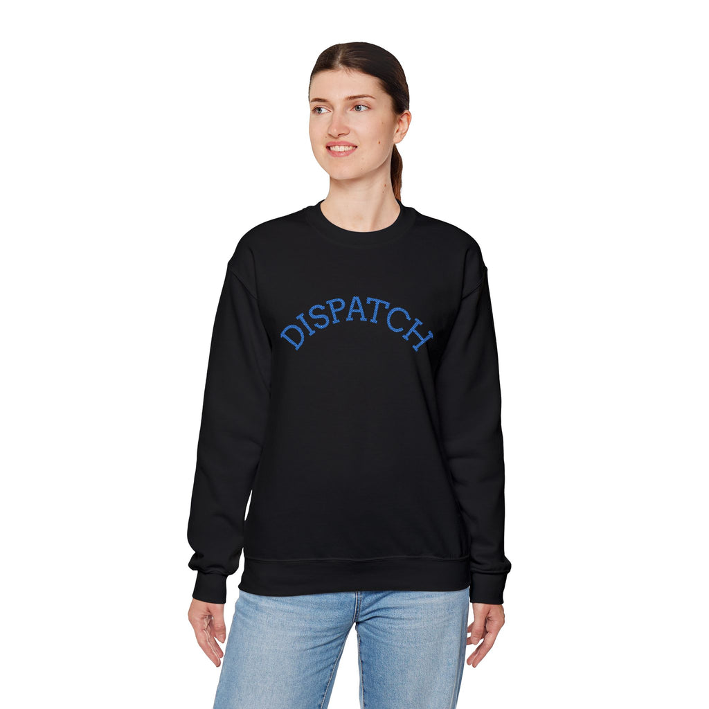 Dispatch Crewneck Sweatshirt — Minimal Pullover with Blue Arched Text