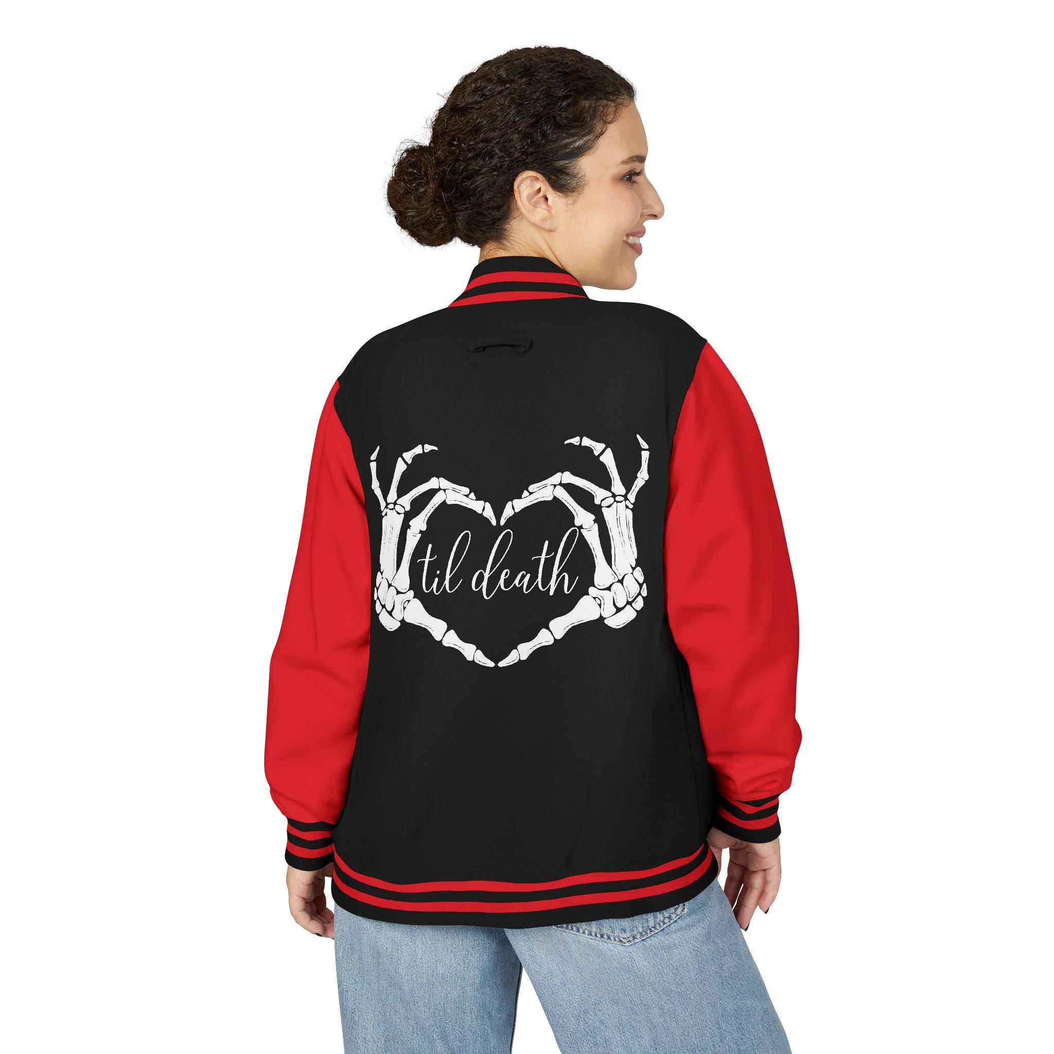 Mrs. Letterman Jacket — 'Til Death Skeleton Heart Hands Varsity Jacket