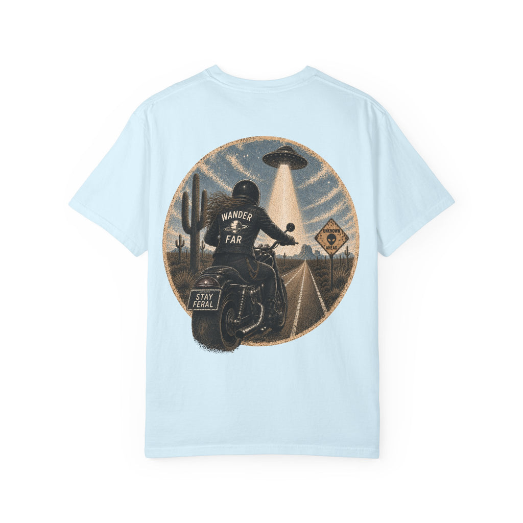 Alien Abduction Motorcycle T‑Shirt — Sci‑Fi Desert Rider Tee