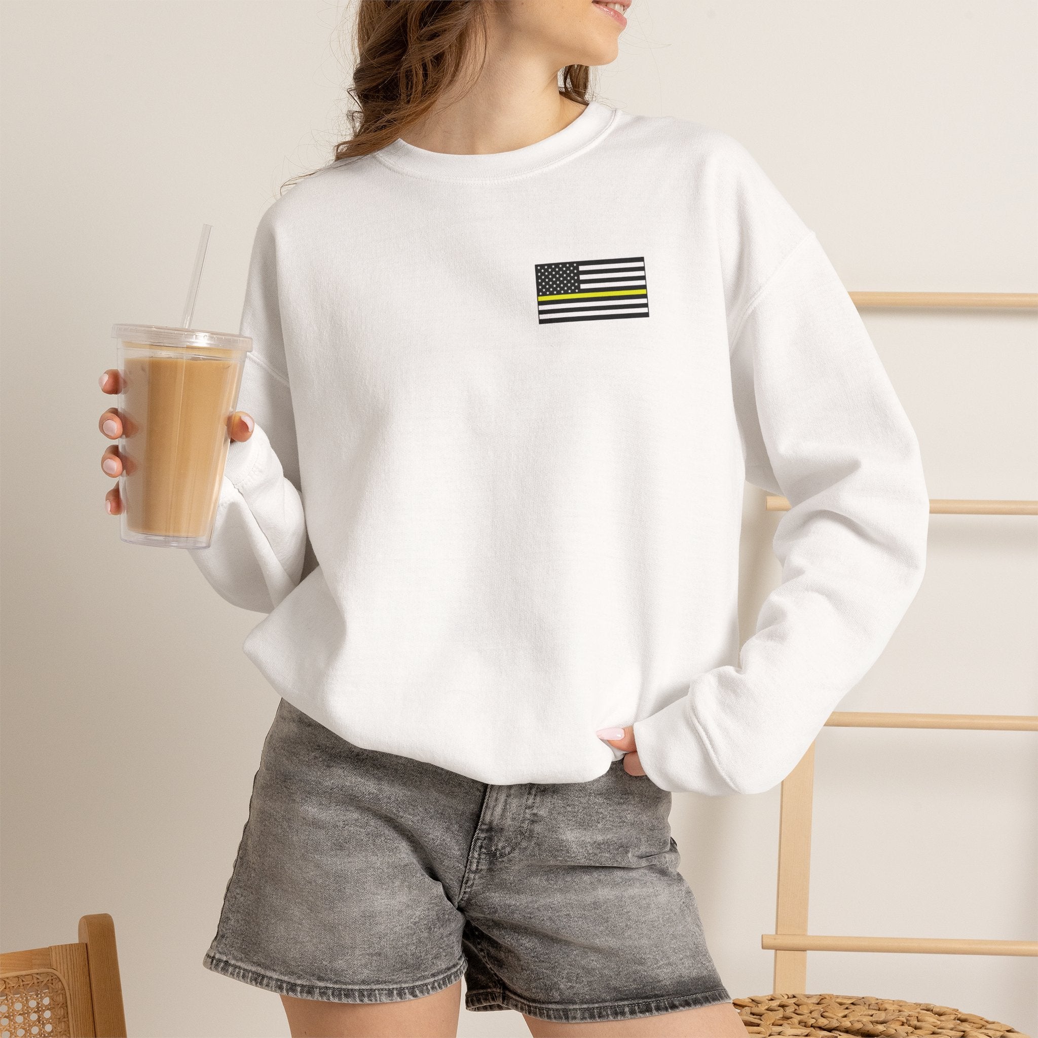 Crewneck Sweatshirt - Thin Yellow Line American Flag Design (Back & Chest)