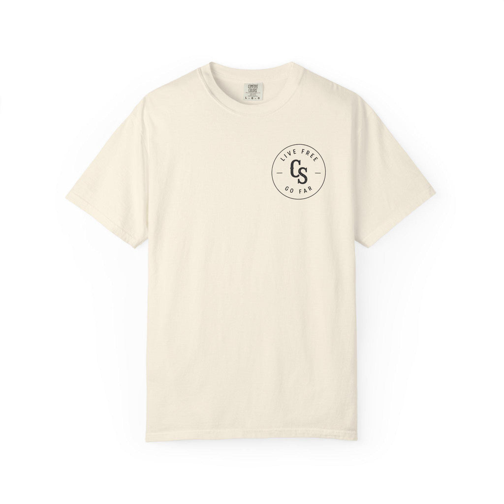 Live Free Go Far CS Logo T-Shirt | Circular Badge Chest & Back Print