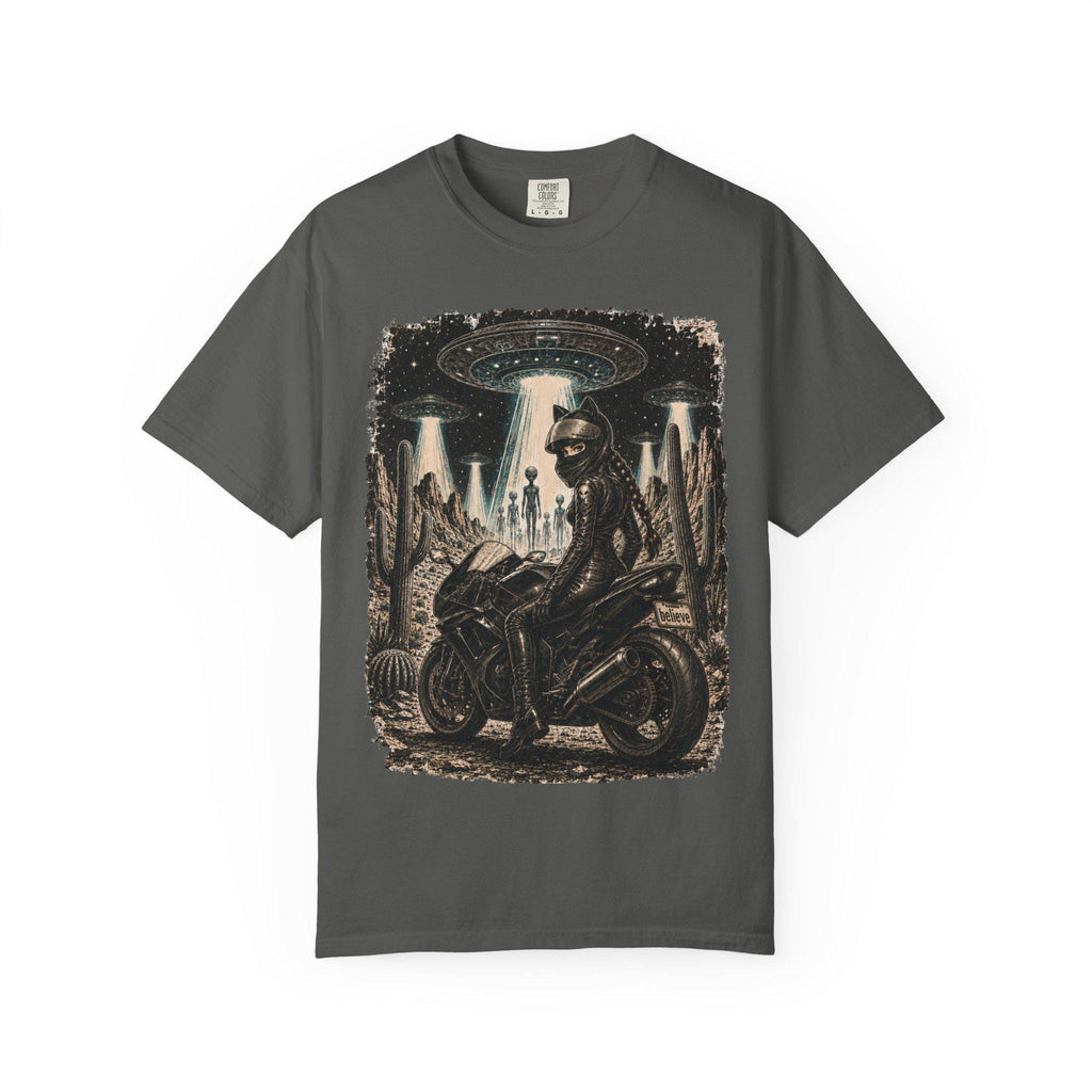 Stay Feral Motorcycle Shirt, Alien UFO Desert Rider Graphic Tee