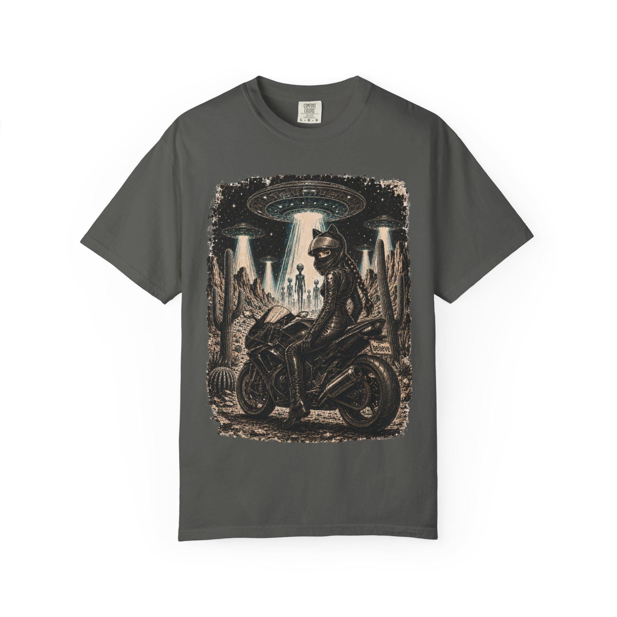 Stay Feral Motorcycle Shirt, Alien UFO Desert Rider Graphic Tee
