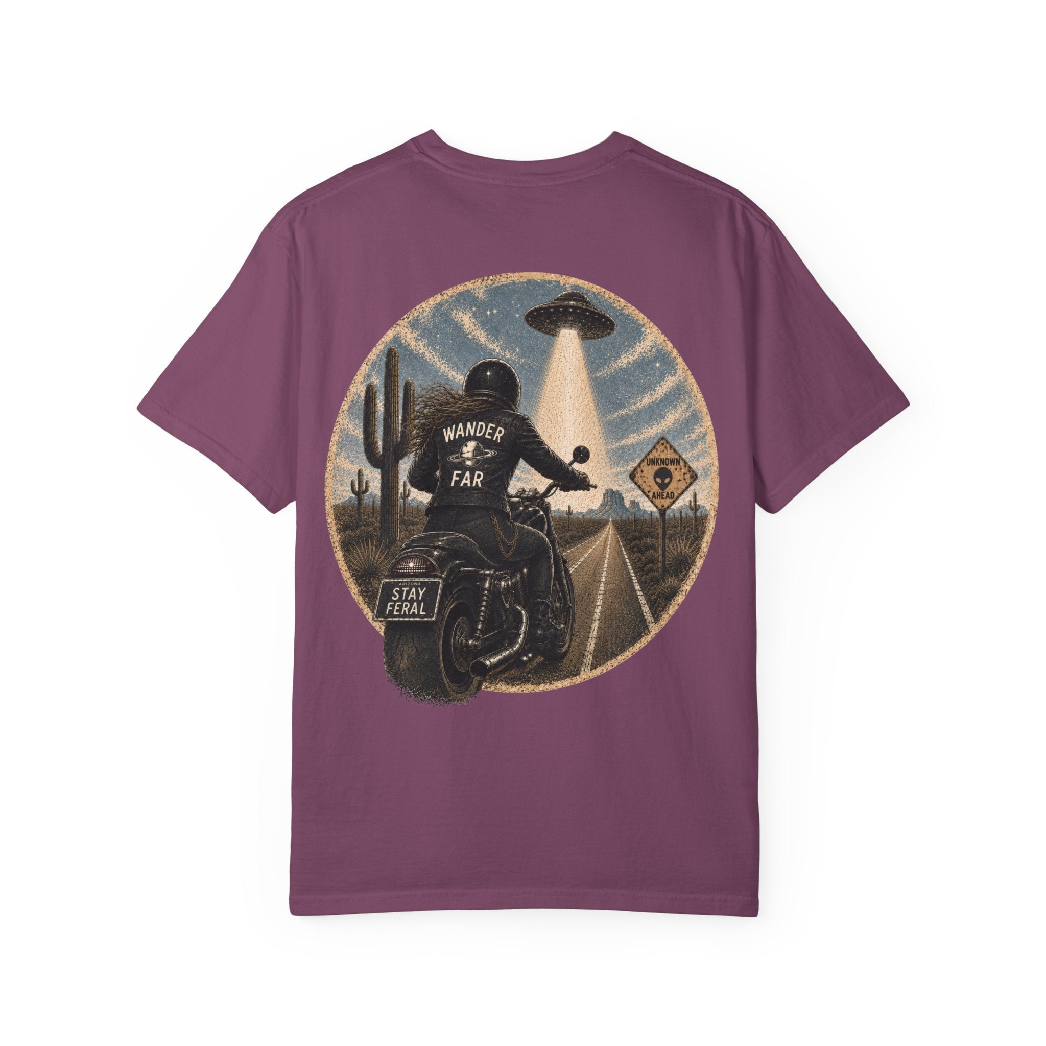 Alien Abduction Motorcycle T‑Shirt — Sci‑Fi Desert Rider Tee