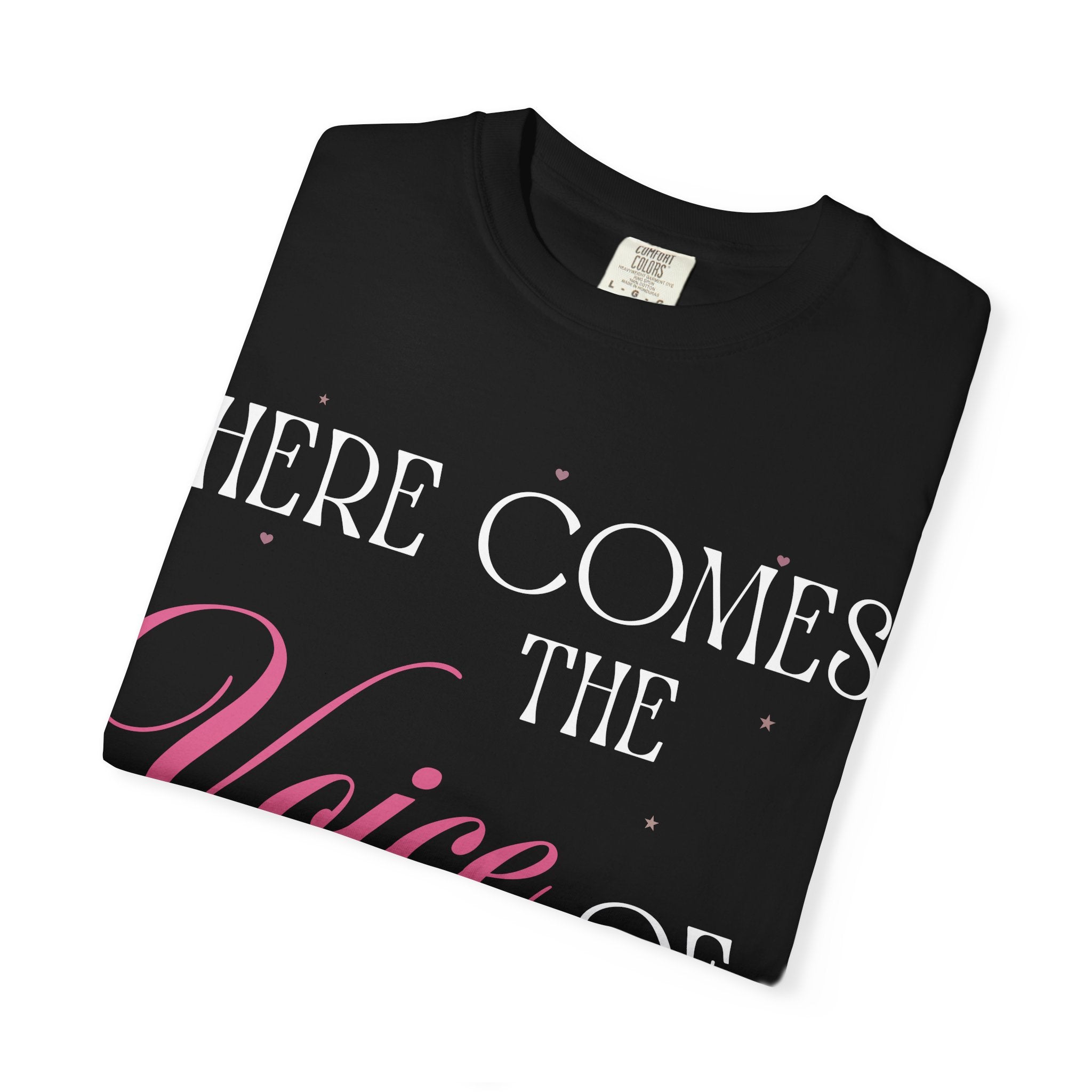 Voice Reason Script Tee — Feminine Script Graphic T-Shirt with Pink Heart