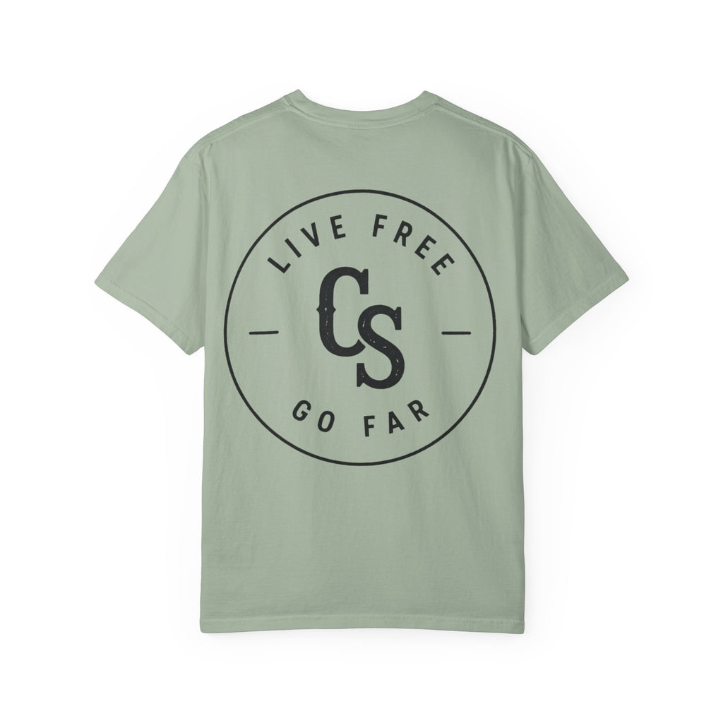 Live Free Go Far CS Logo T-Shirt | Circular Badge Chest & Back Print