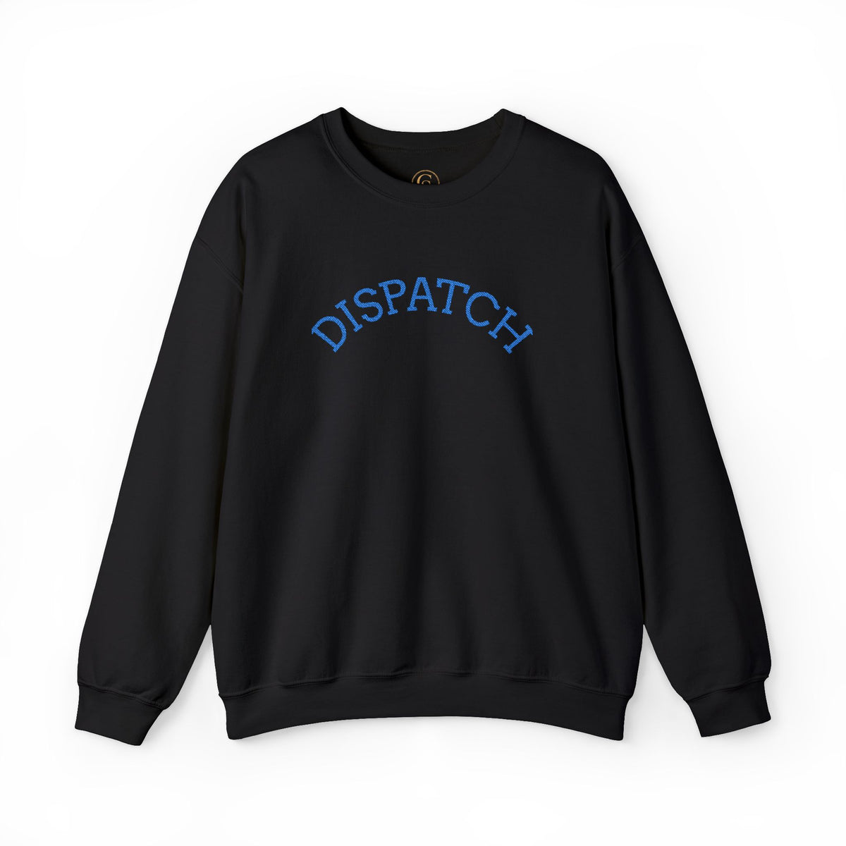 Dispatch Crewneck Sweatshirt — Minimal Pullover with Blue Arched Text