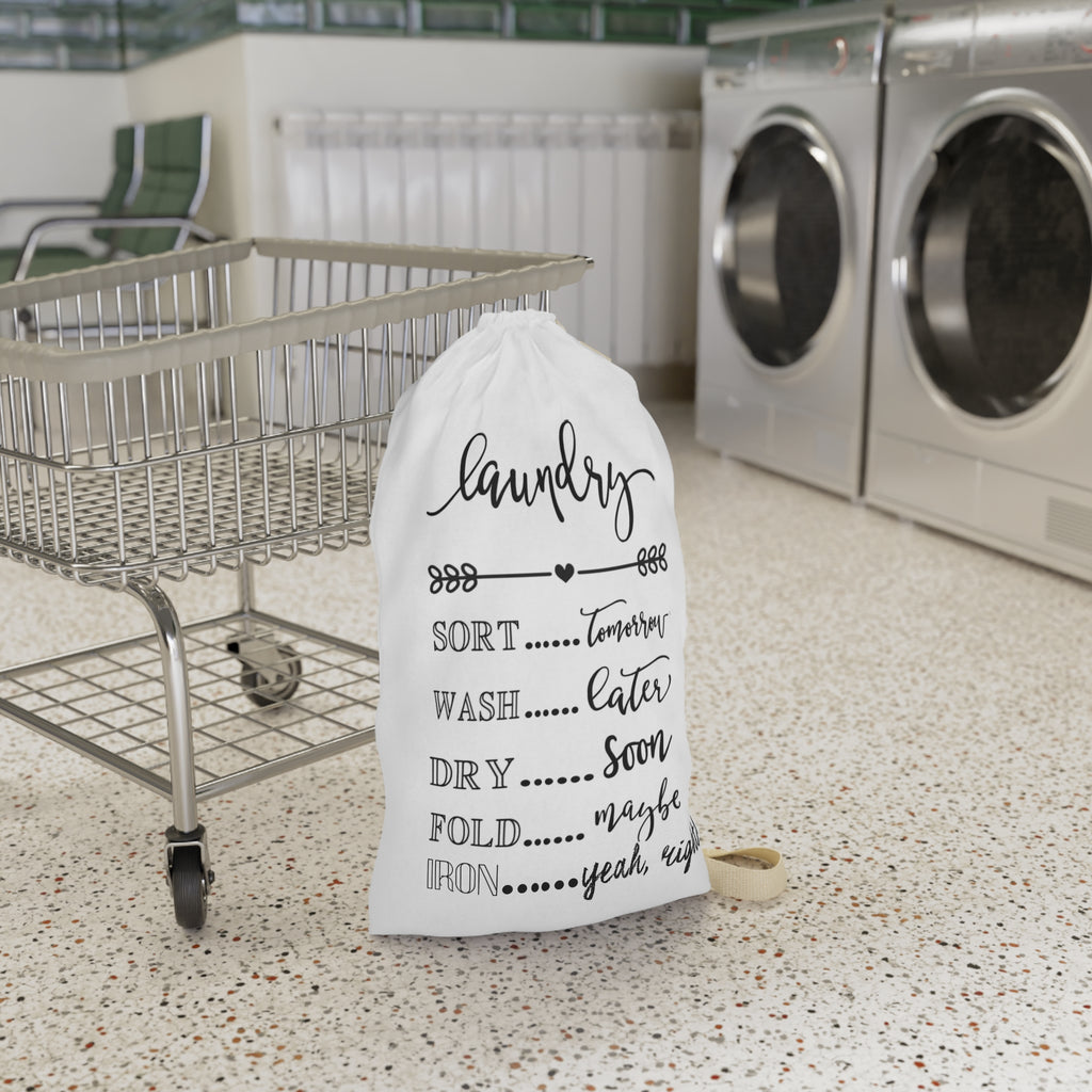 Laundry Bag — Funny Script 'Laundry: Sort Tomorrow, Wash Later, Iron Yeah Right' Canvas Tote