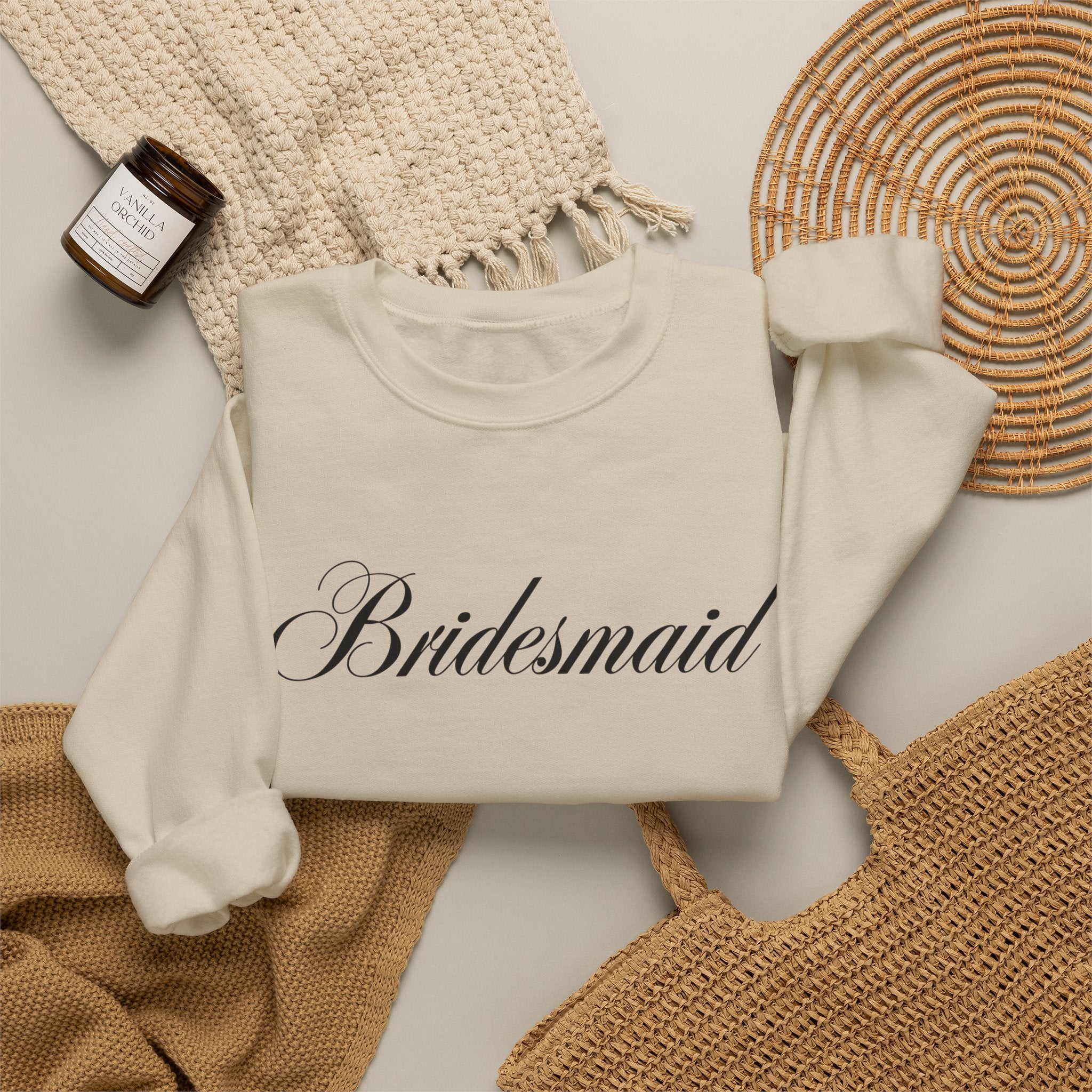 Bridesmaid Crewneck Sweatshirt — Elegant Script Wedding Party Pullover