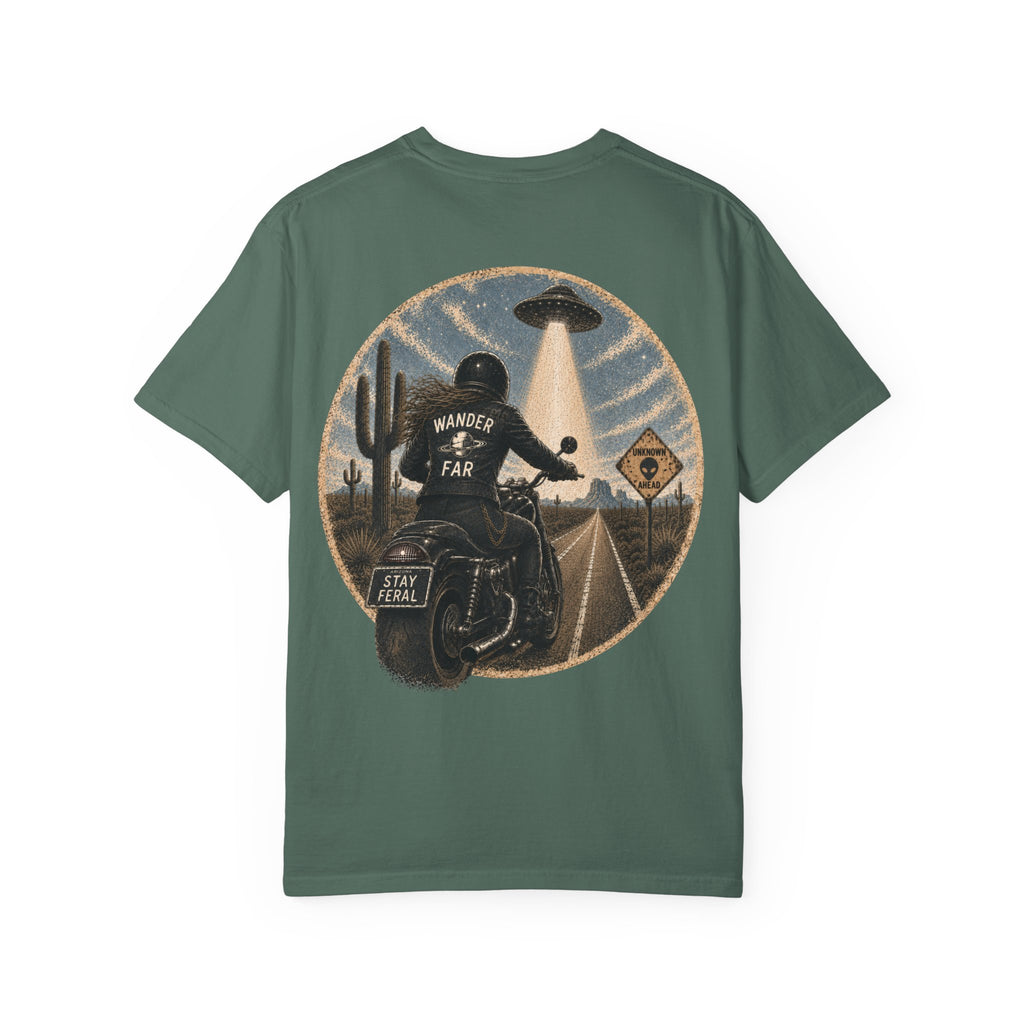 Alien Abduction Motorcycle T‑Shirt — Sci‑Fi Desert Rider Tee
