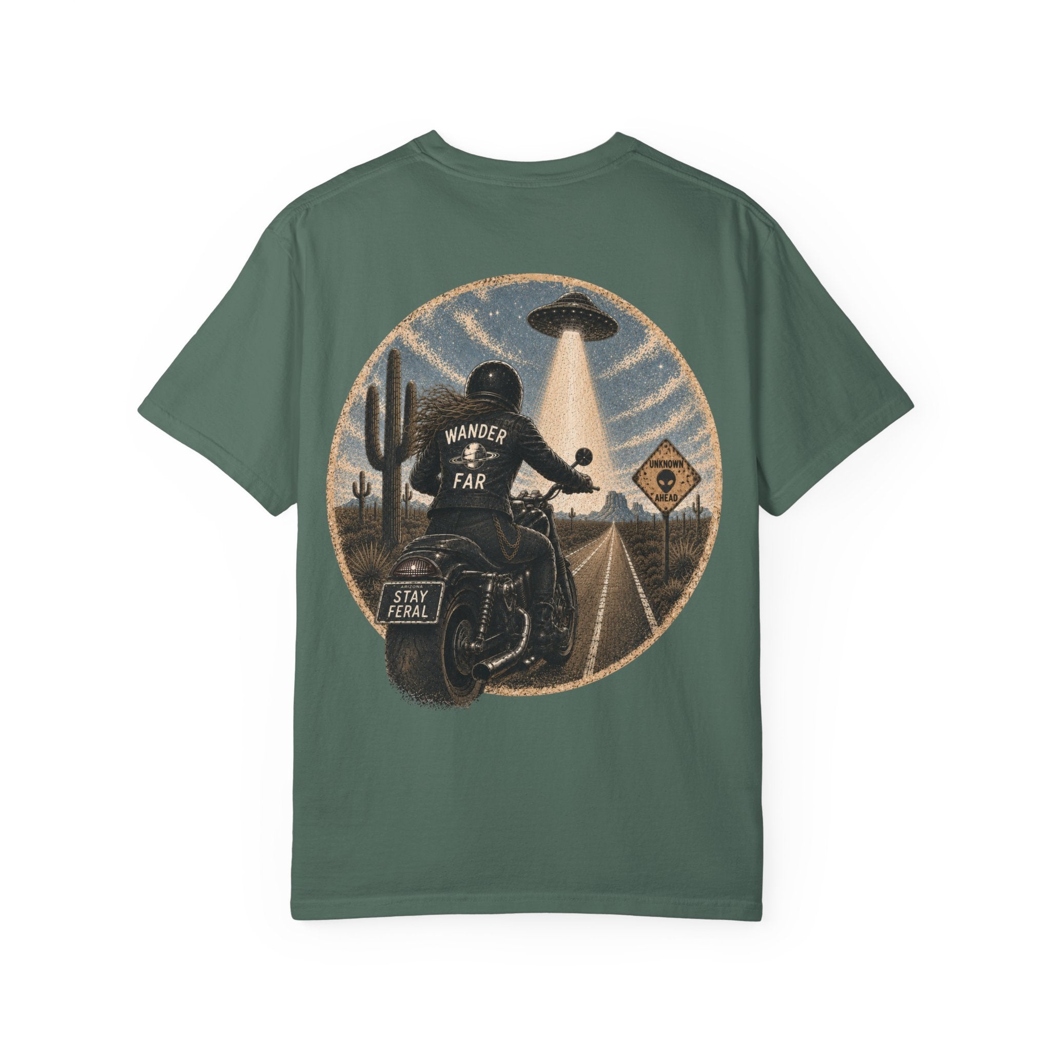 Alien Abduction Motorcycle T‑Shirt — Sci‑Fi Desert Rider Tee