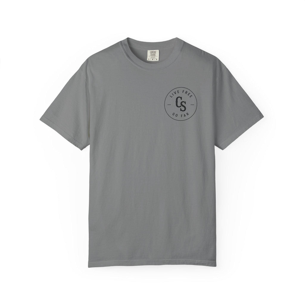 Live Free Go Far CS Logo T-Shirt | Circular Badge Chest & Back Print