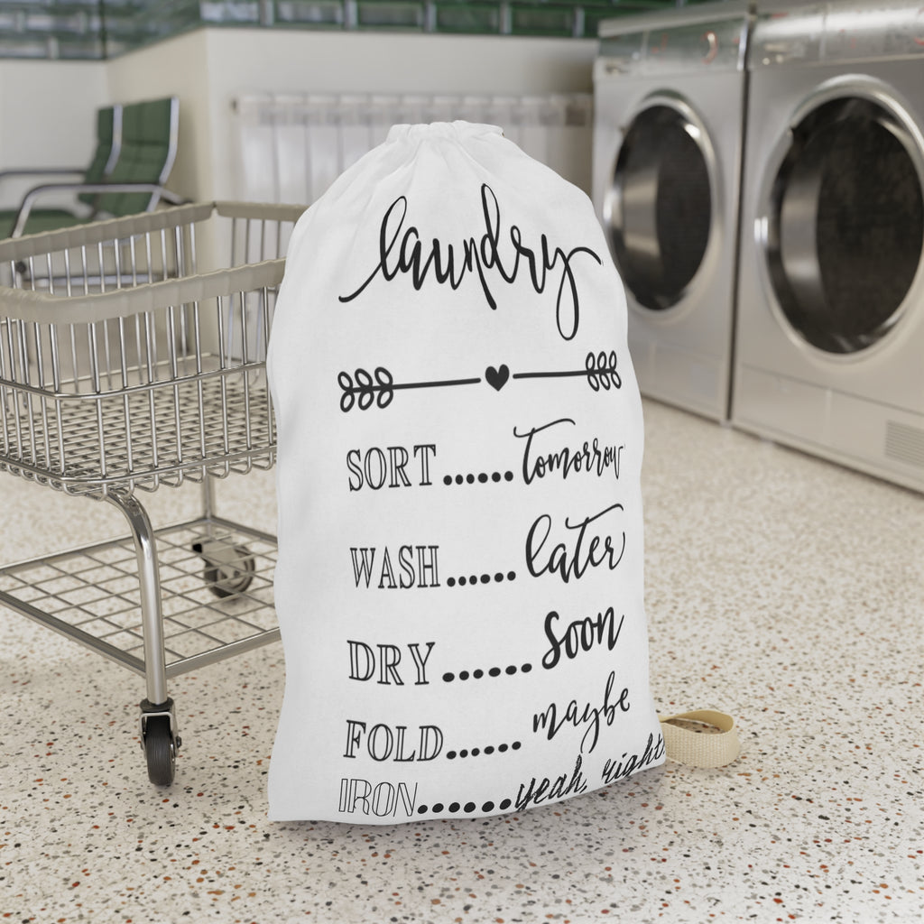 Laundry Bag — Funny Script 'Laundry: Sort Tomorrow, Wash Later, Iron Yeah Right' Canvas Tote