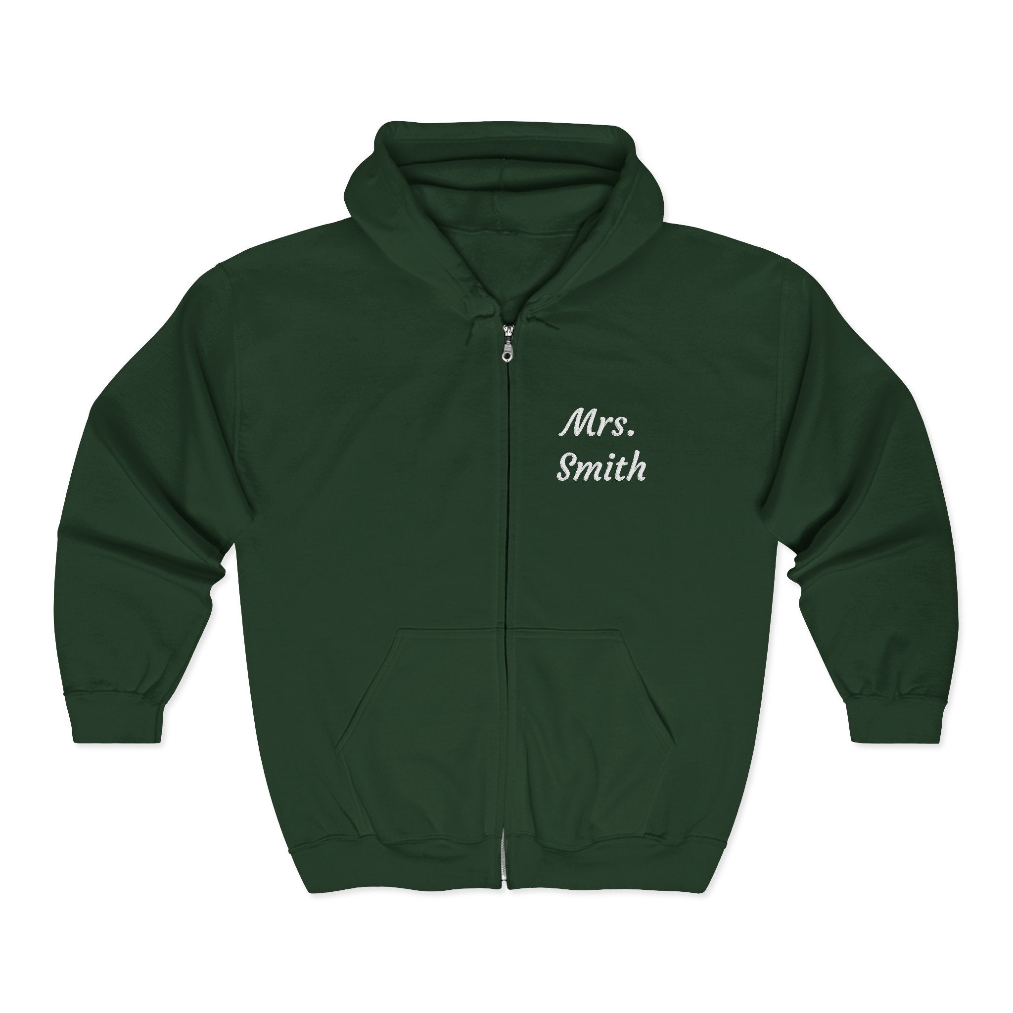 Personalized Mrs. Smith Embroidered Zip-Up Hoodie — Custom Teacher & Bride Gift