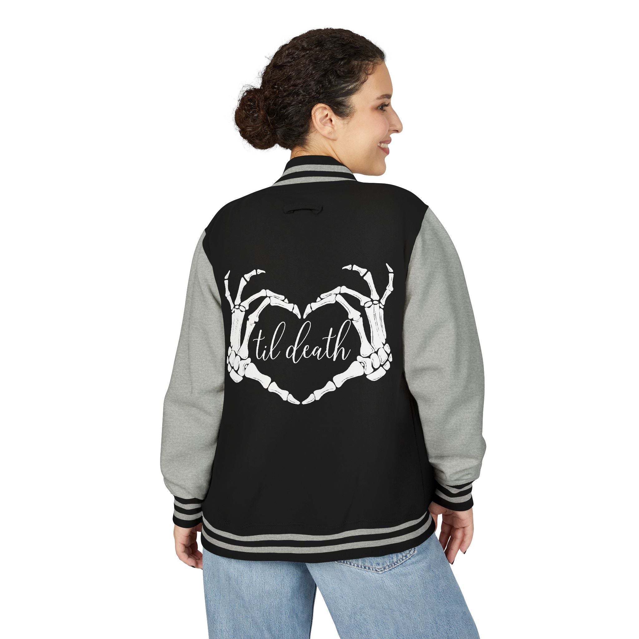 Mrs. Letterman Jacket — 'Til Death Skeleton Heart Hands Varsity Jacket