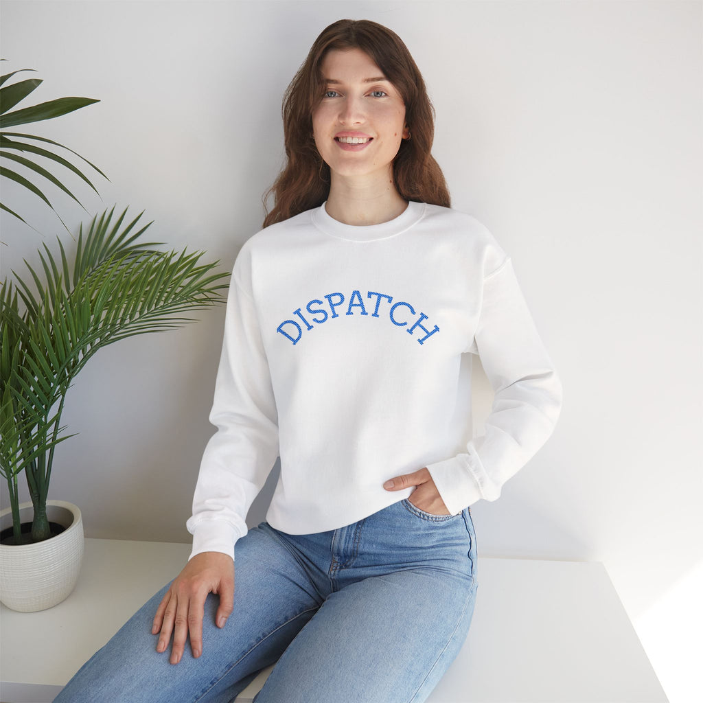 Dispatch Crewneck Sweatshirt — Minimal Pullover with Blue Arched Text
