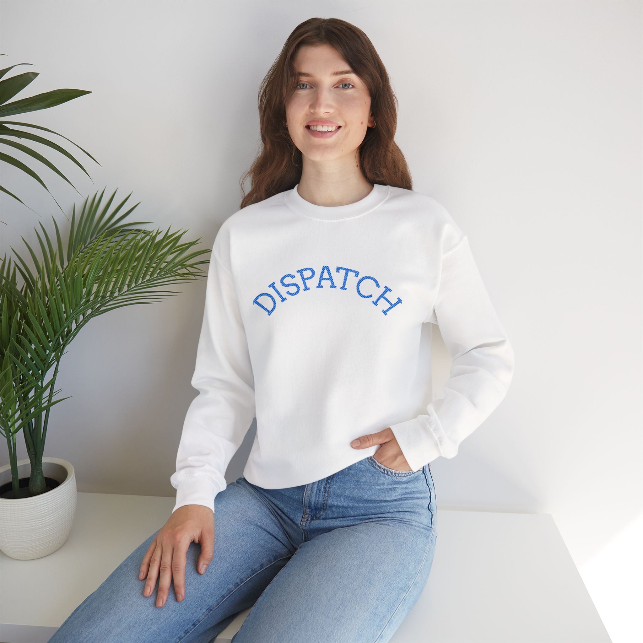 Dispatch Crewneck Sweatshirt — Minimal Pullover with Blue Arched Text