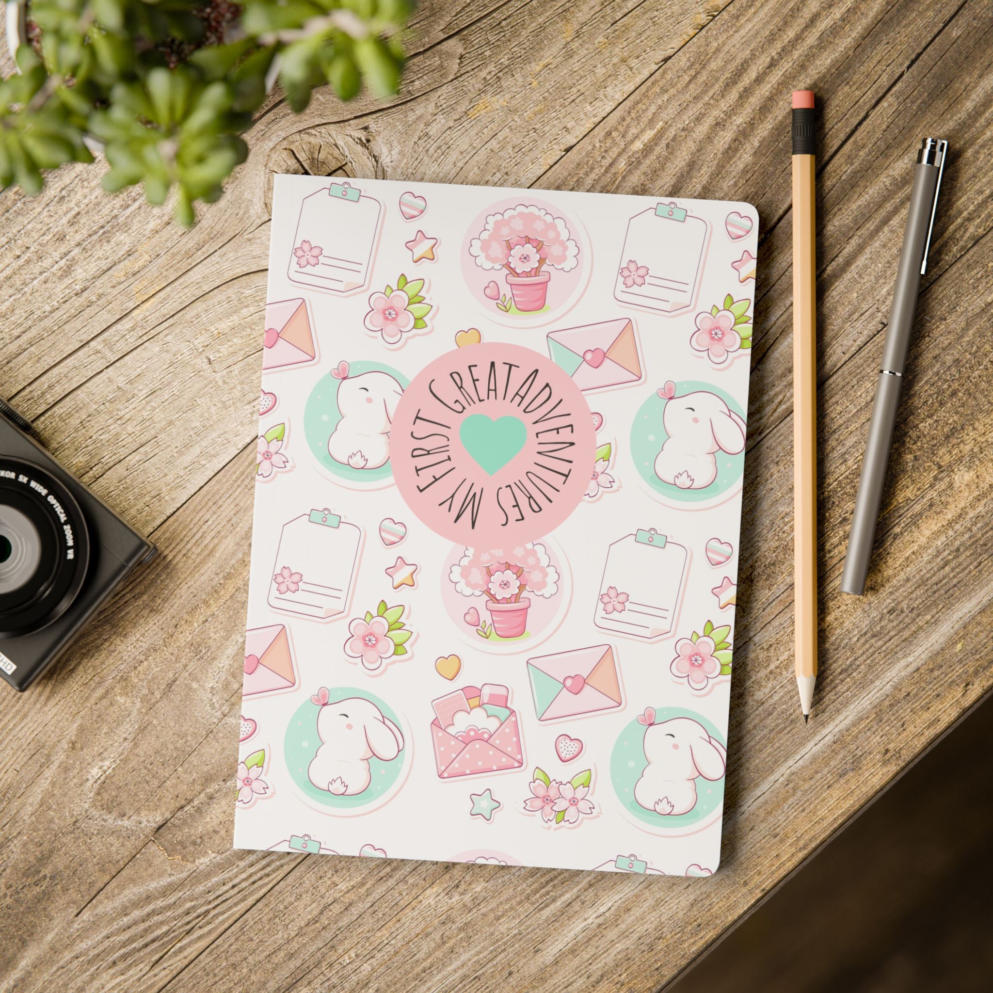 Cute Pastel Bunny Softcover Journal  | My Great Adventures Floral & Letter Pattern