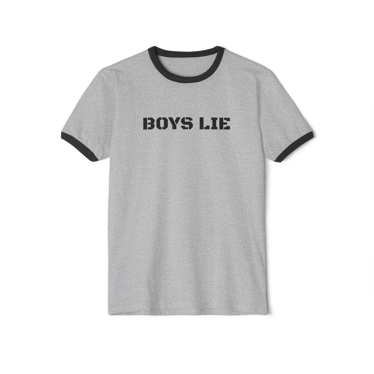 Boys Lie Vintage-Stencil Ringer Tee — Playful Retro Graphic T-Shirt