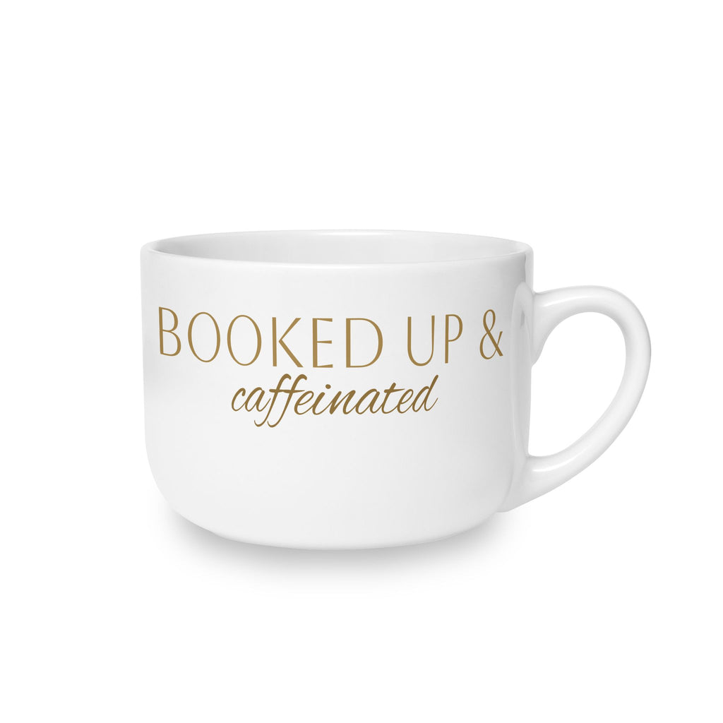 Latte Mug — “Booked Up & Caffeinated” White 25oz Ceramic Coffee Cup