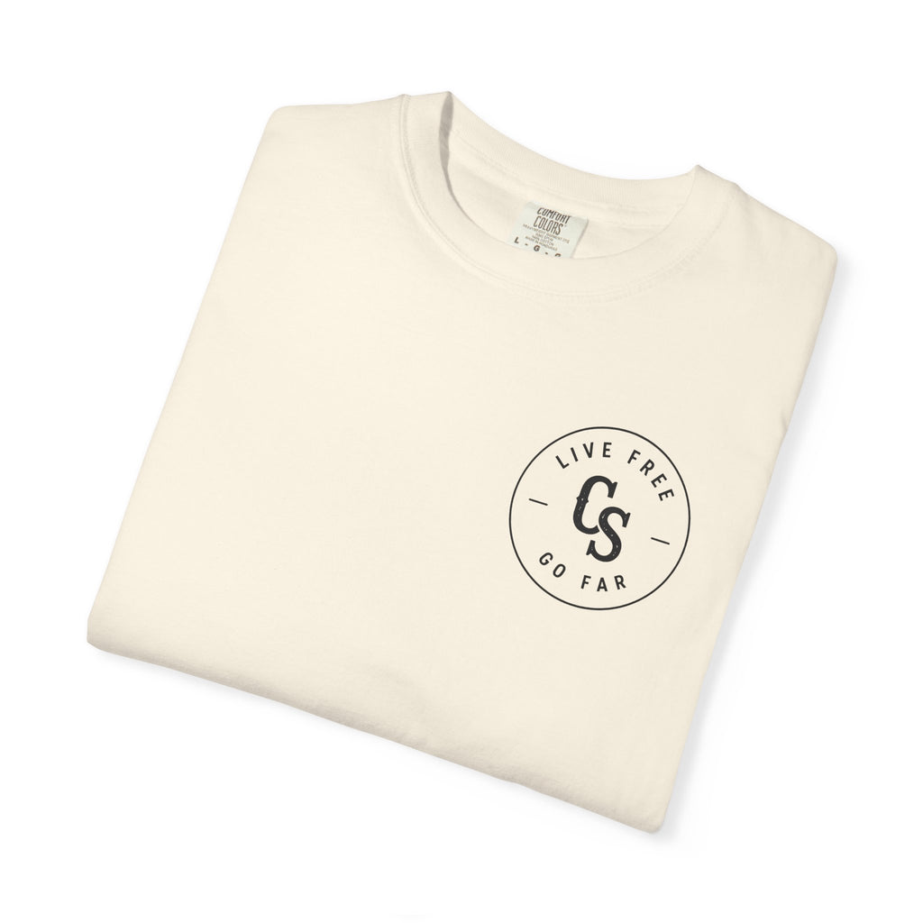 Live Free Go Far CS Logo T-Shirt | Circular Badge Chest & Back Print