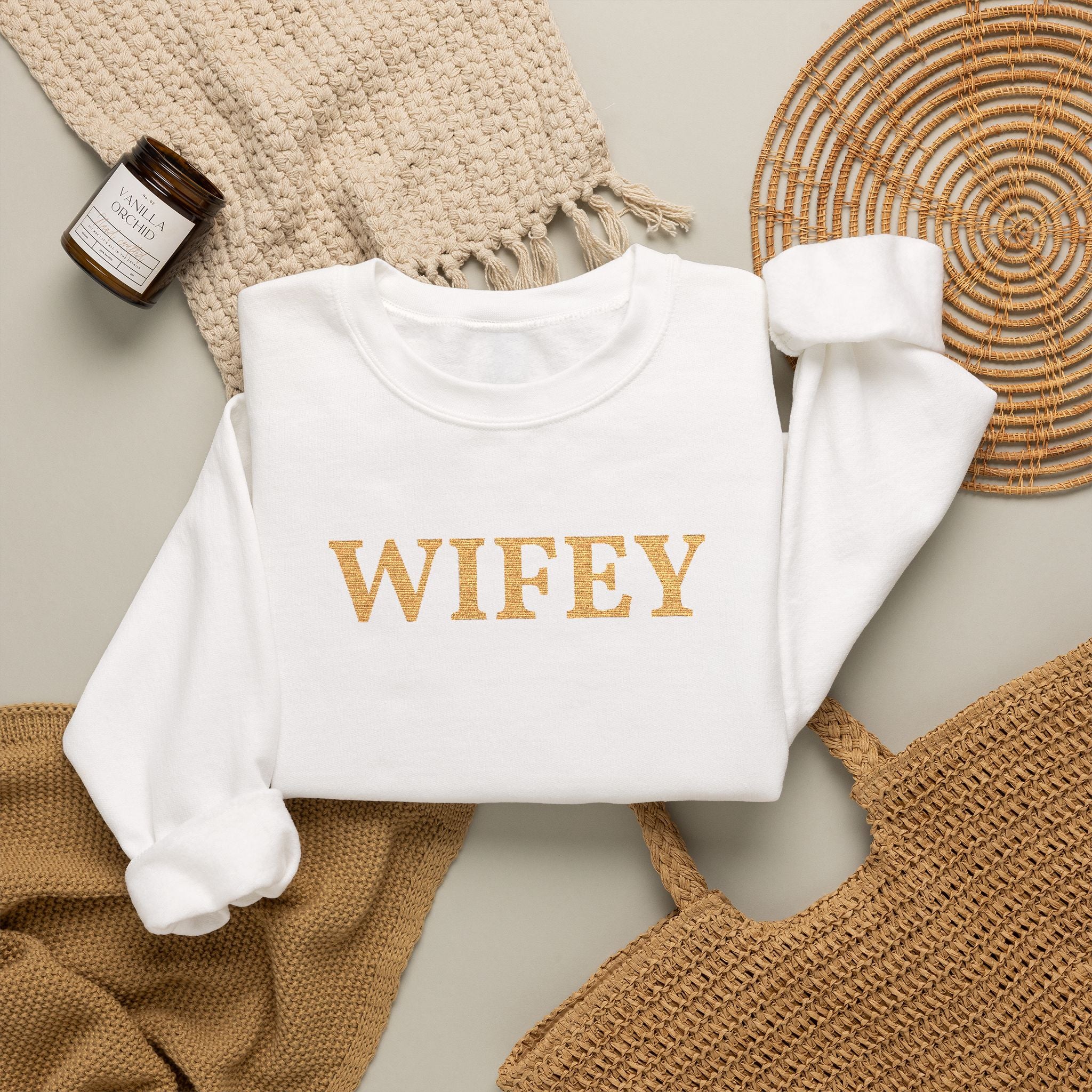 Personalized Embroidered "WIFEY" Crewneck Sweatshirt — Bride & Newlywed Gift