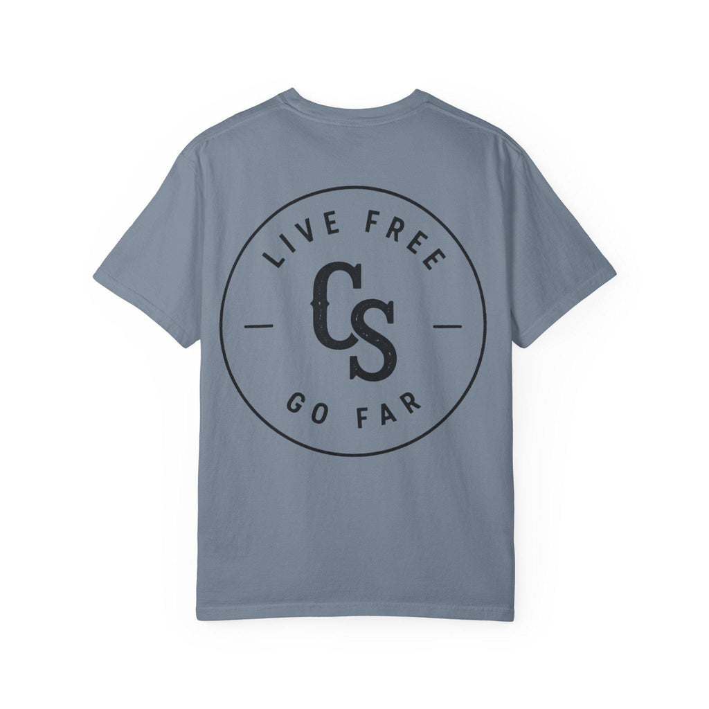 Live Free Go Far CS Logo T-Shirt | Circular Badge Chest & Back Print
