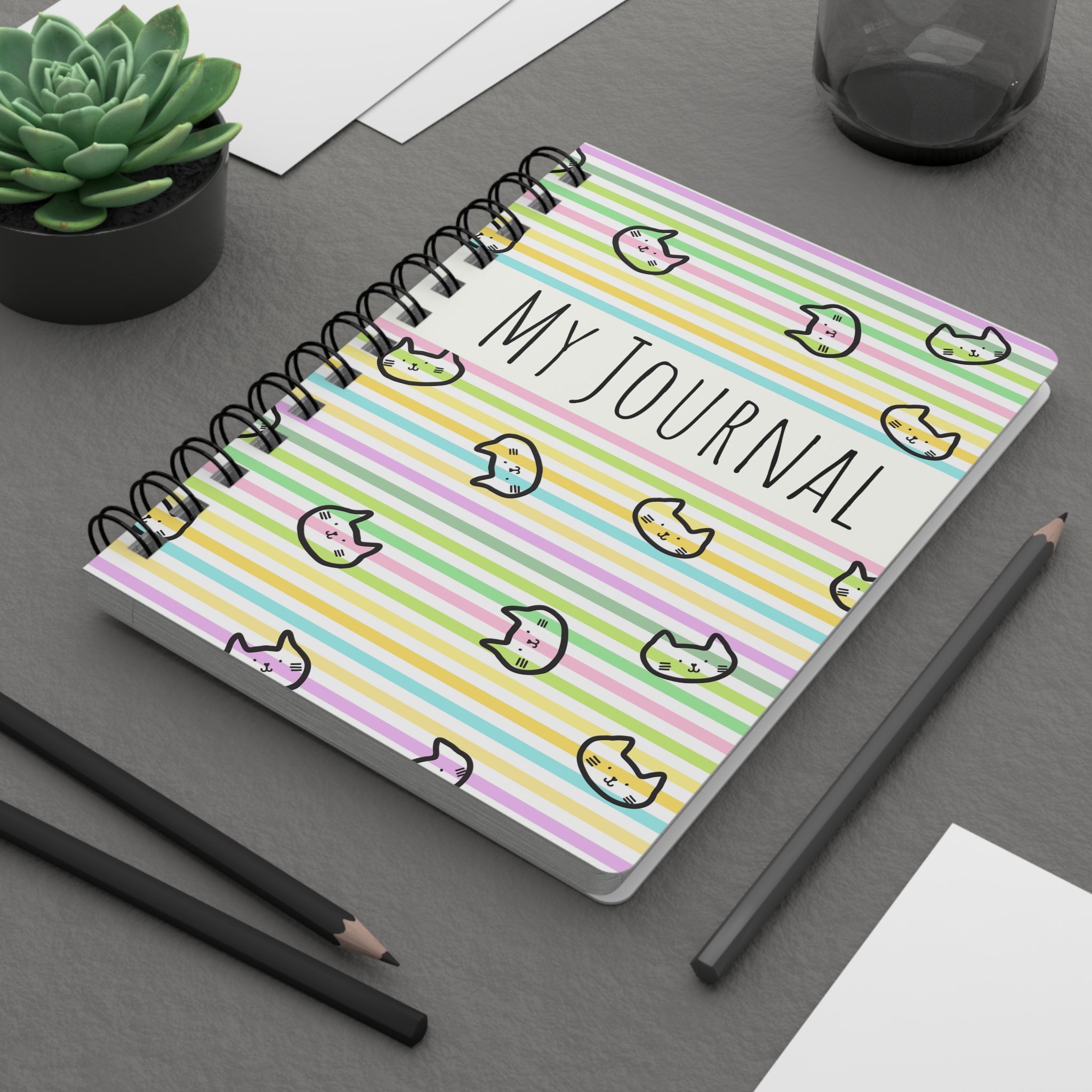Spiral Journal | My Journal Pastel Striped Cute Cat Notebook