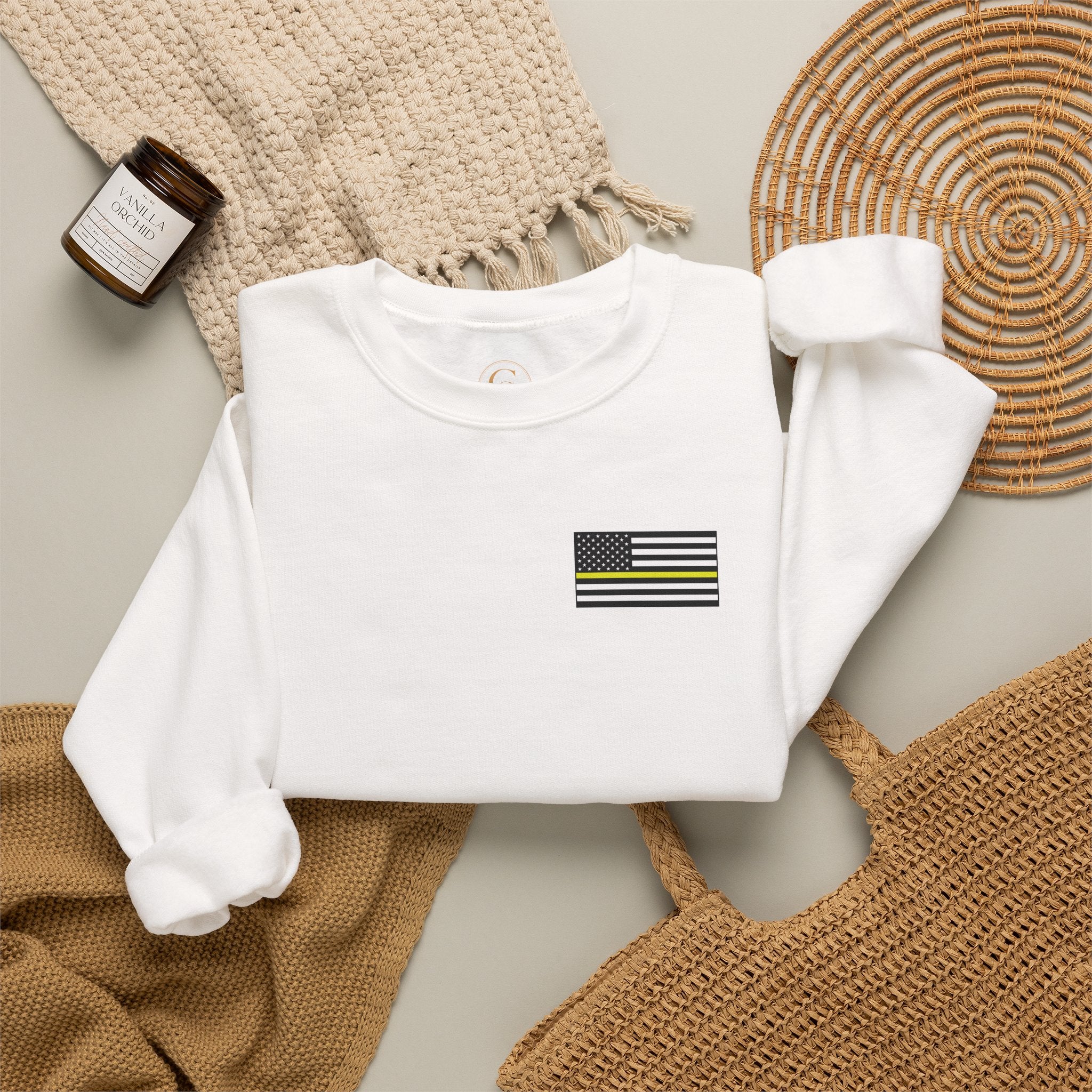 Crewneck Sweatshirt - Thin Yellow Line American Flag Design (Back & Chest)