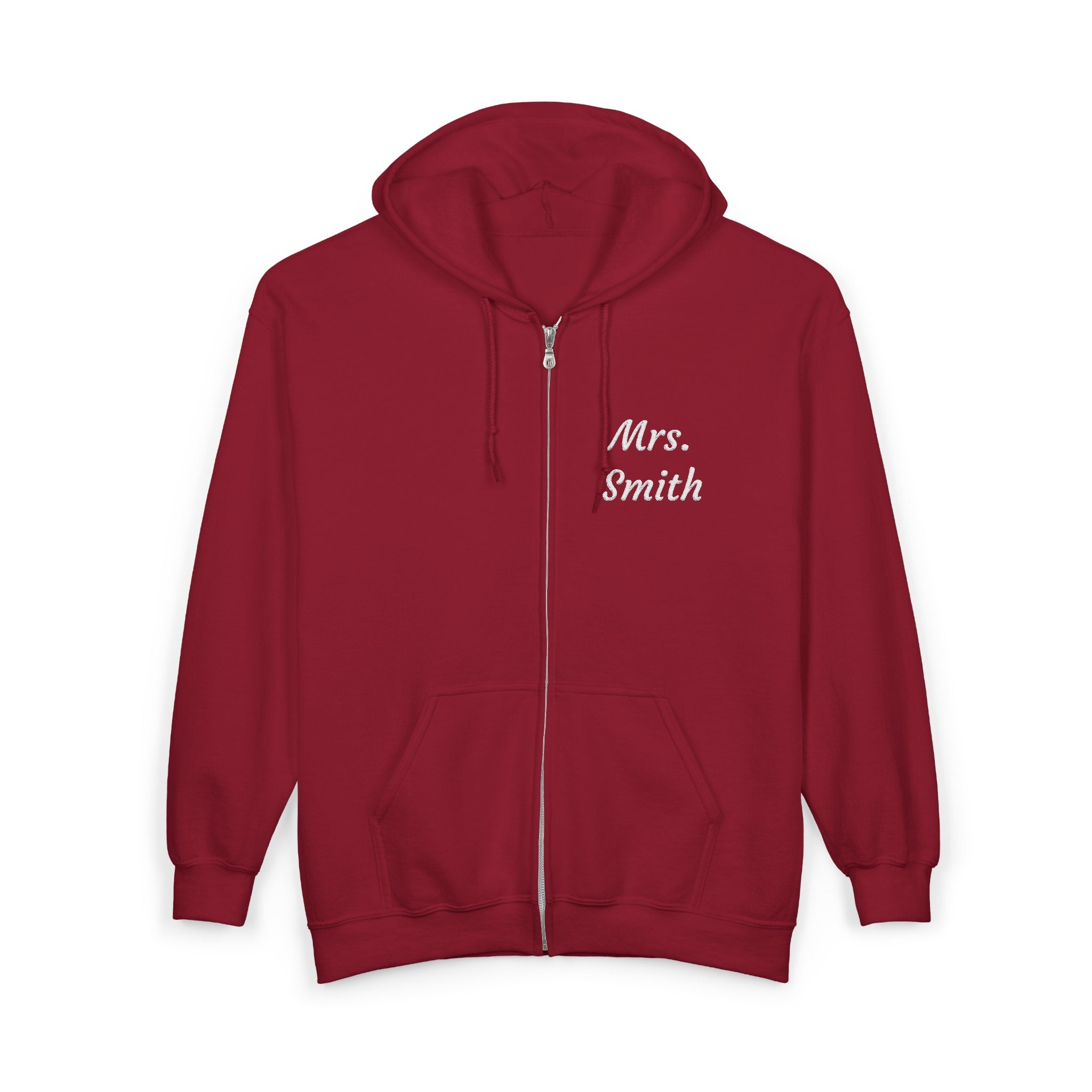 Personalized Mrs. Smith Embroidered Zip-Up Hoodie — Custom Teacher & Bride Gift