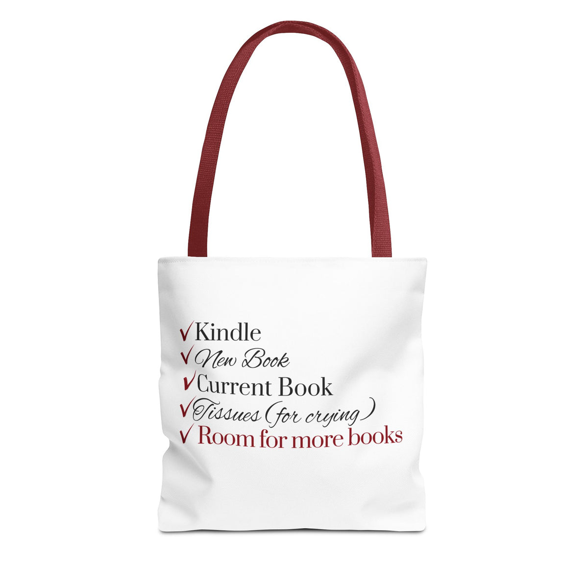 Tote Bag — "Checklist for Readers: Kindle, New Book, Current Book, Tissues, Room for More Books"