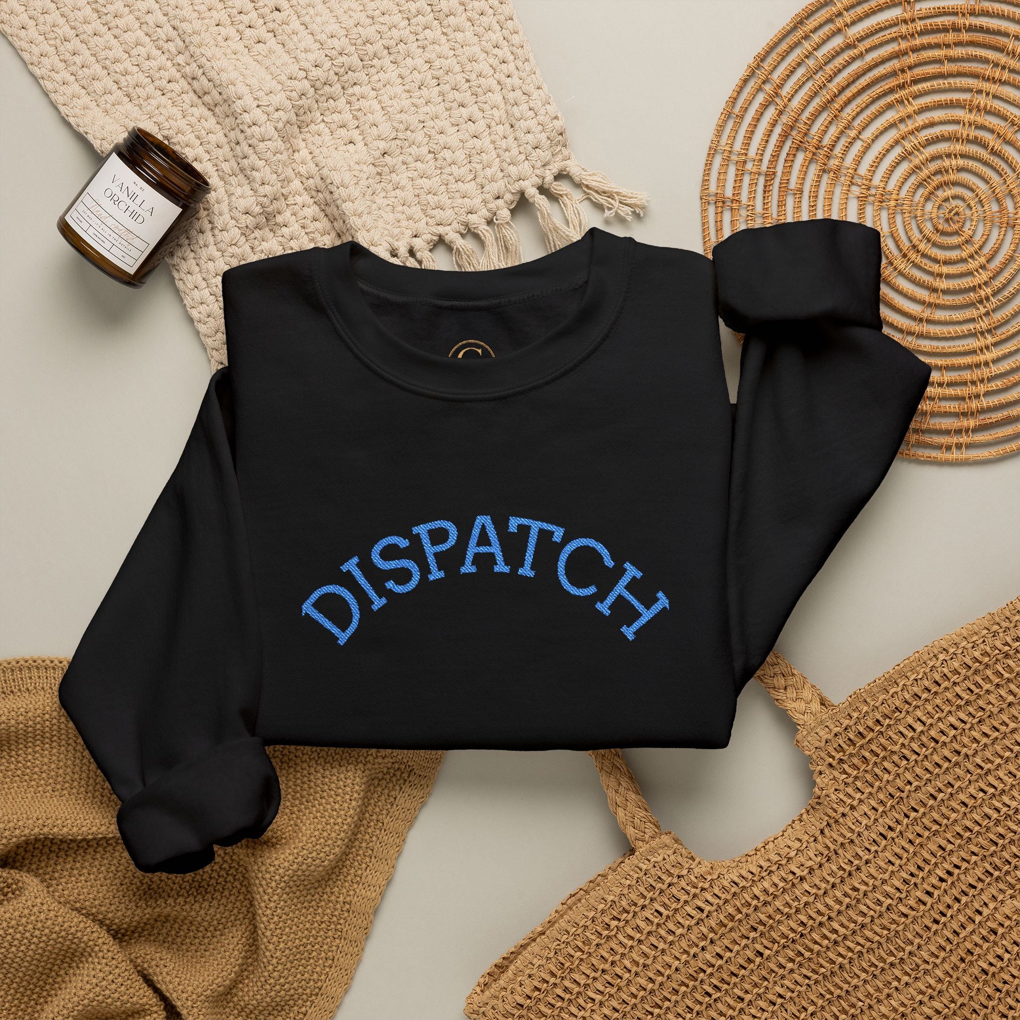 Dispatch Crewneck Sweatshirt — Minimal Pullover with Blue Arched Text