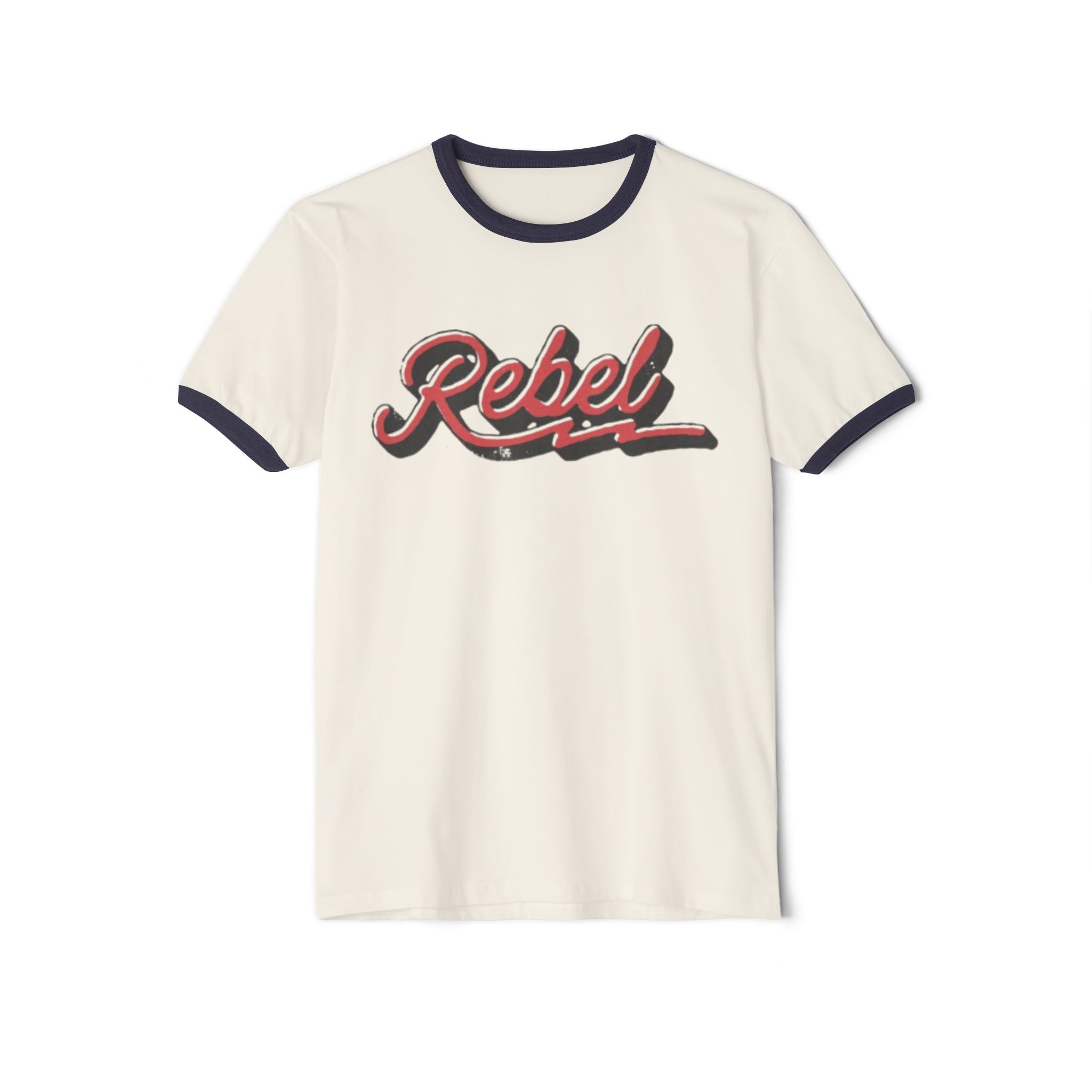 Rebel Retro Ringer Tee — Vintage Script Graphic T-Shirt