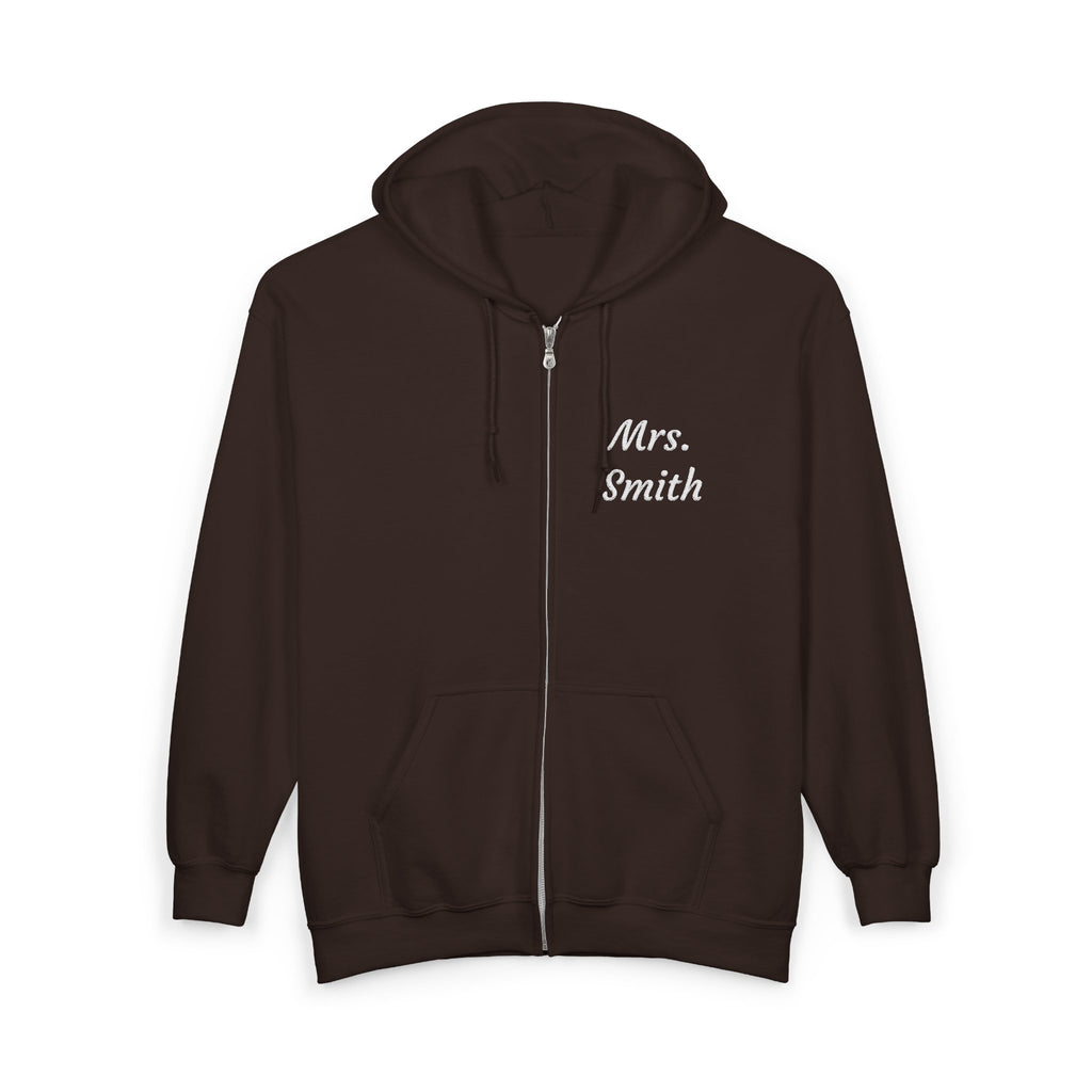 Personalized Mrs. Smith Embroidered Zip-Up Hoodie — Custom Teacher & Bride Gift