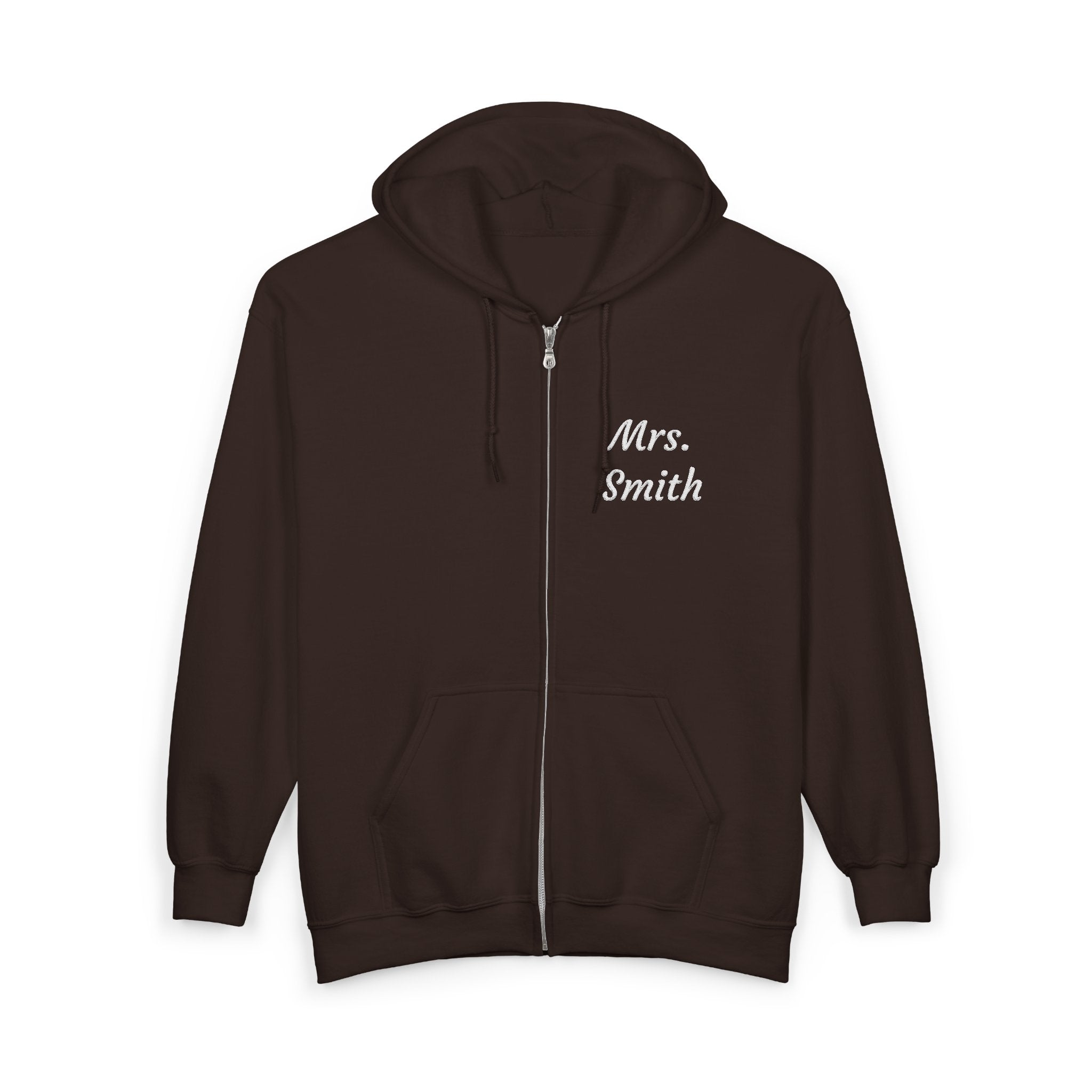 Personalized Mrs. Smith Embroidered Zip-Up Hoodie — Custom Teacher & Bride Gift