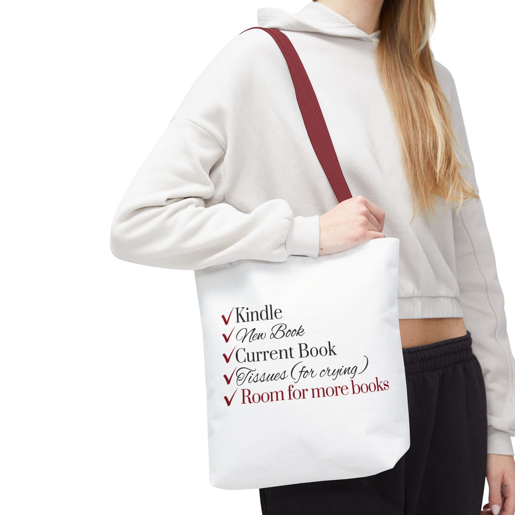 Tote Bag — "Checklist for Readers: Kindle, New Book, Current Book, Tissues, Room for More Books"