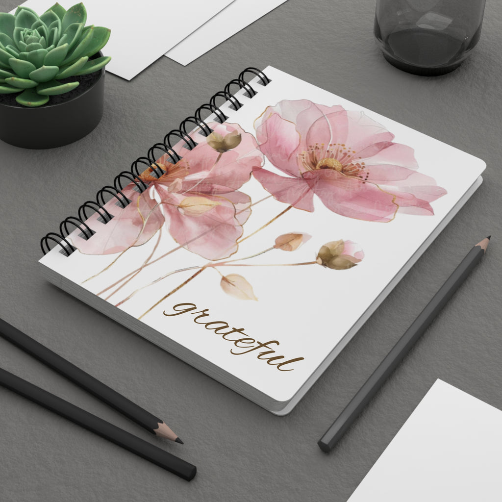Grateful Floral Spiral Journal — Pink Watercolor Flower Notebook