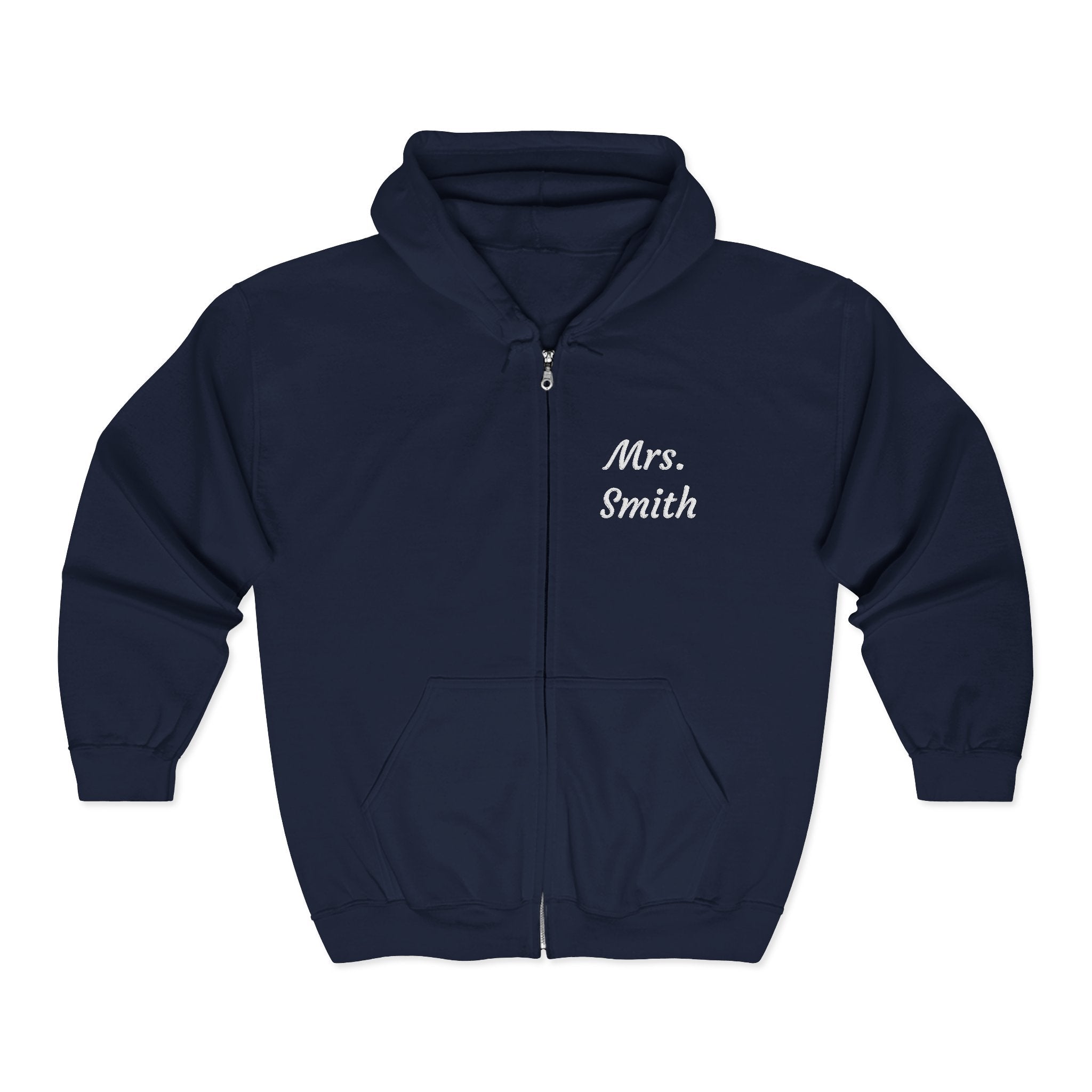 Personalized Mrs. Smith Embroidered Zip-Up Hoodie — Custom Teacher & Bride Gift