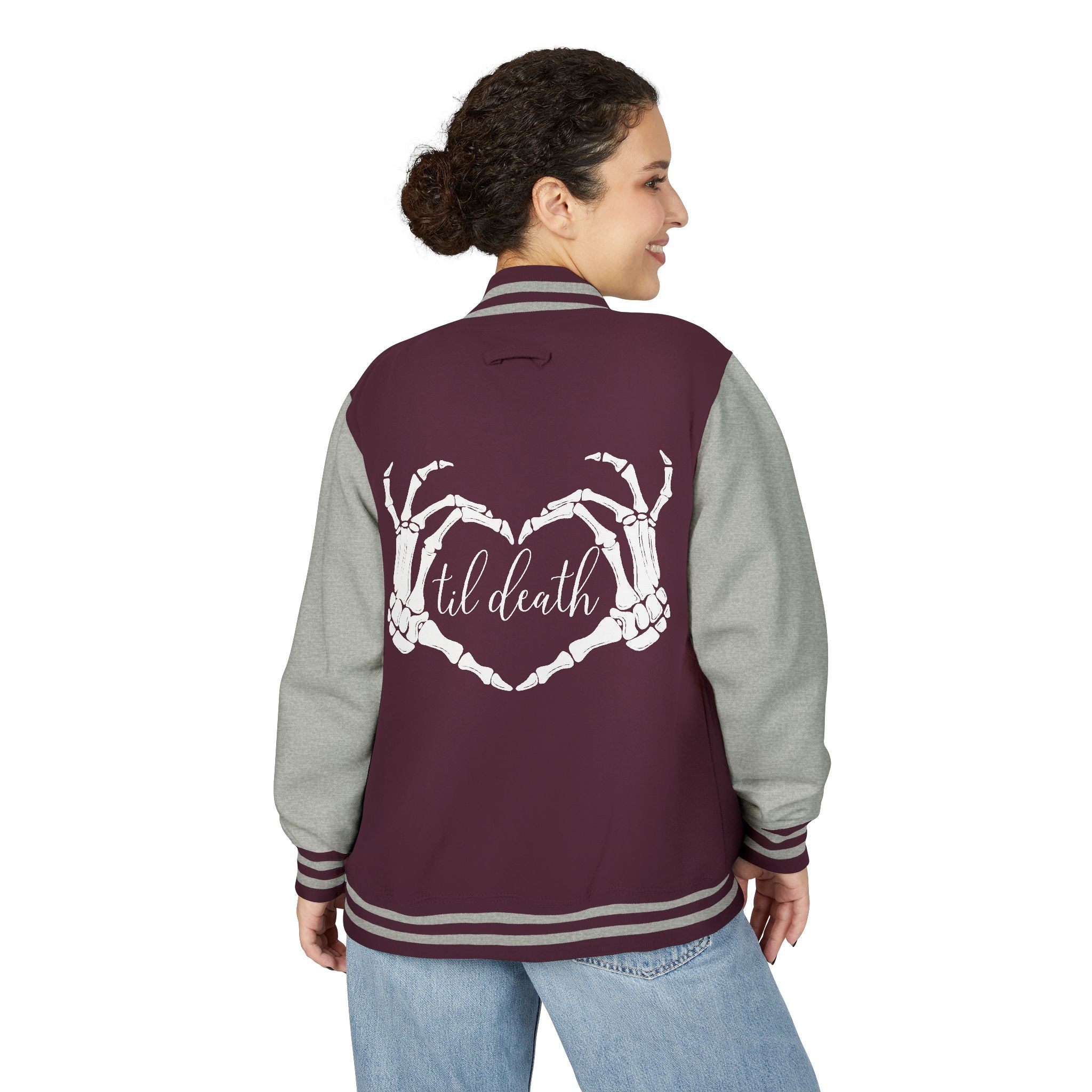Mrs. Letterman Jacket — 'Til Death Skeleton Heart Hands Varsity Jacket