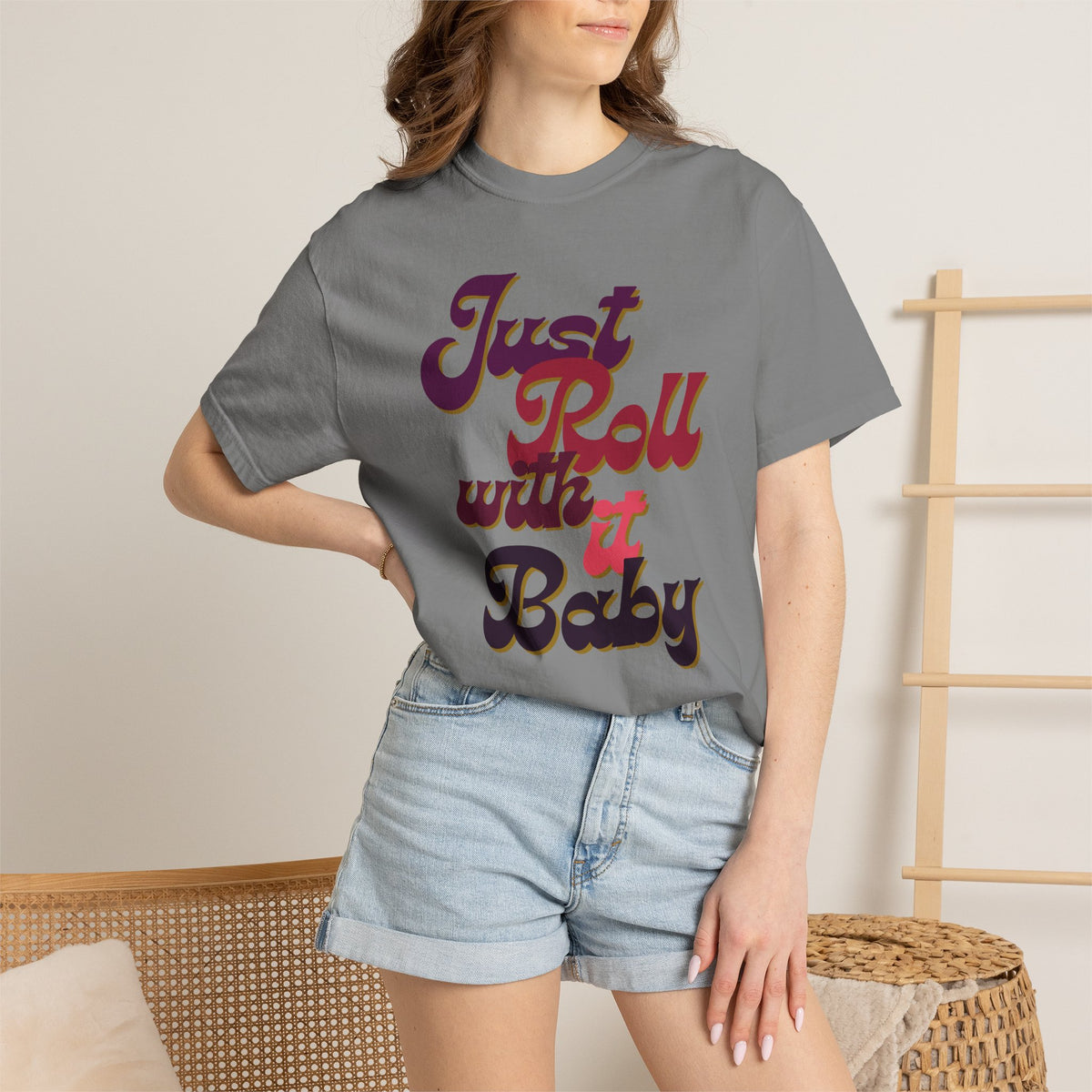 Just Roll With It Baby Tee — Retro Script Vintage Graphic T-Shirt