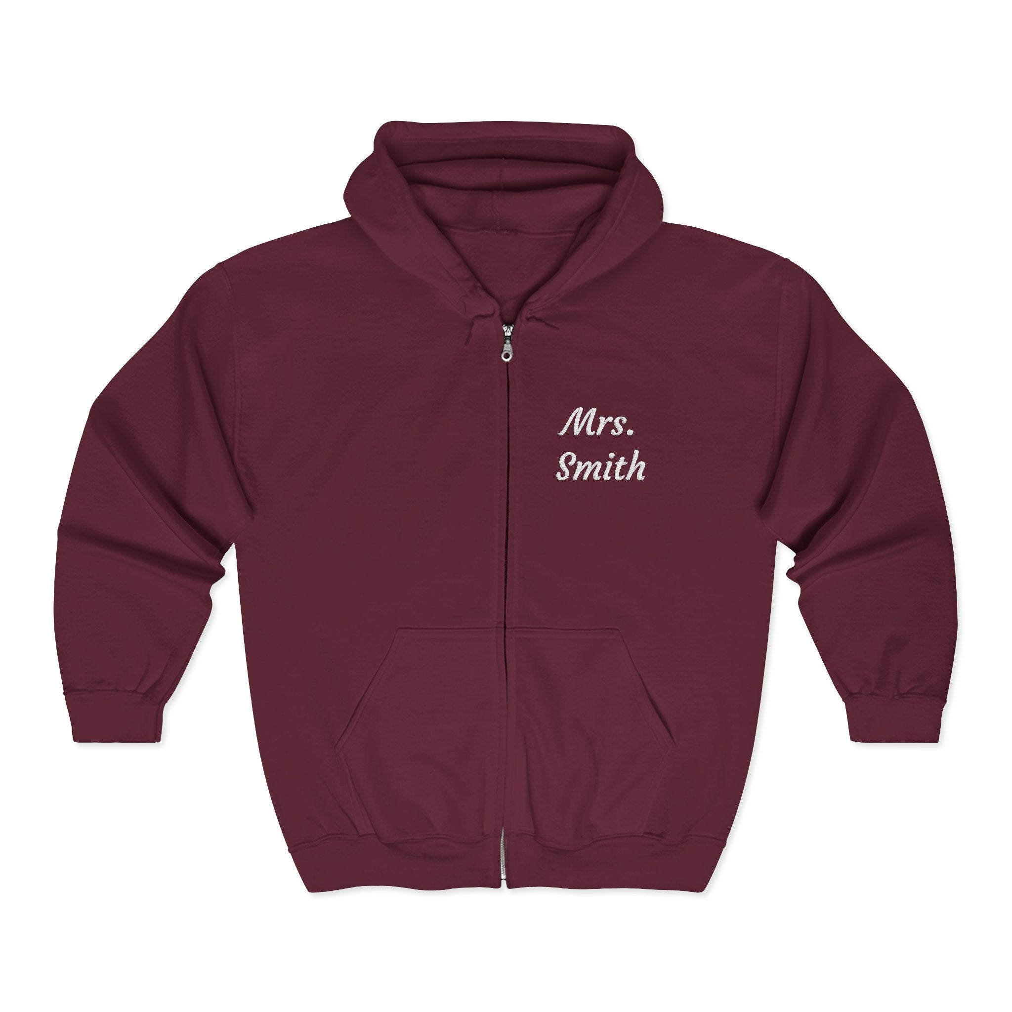 Personalized Mrs. Smith Embroidered Zip-Up Hoodie — Custom Teacher & Bride Gift