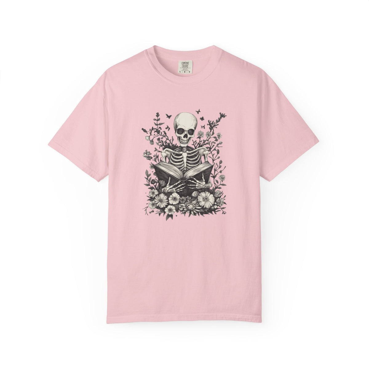Skeleton Reading Among Flowers T-Shirt — Gothic Book Lover Tee