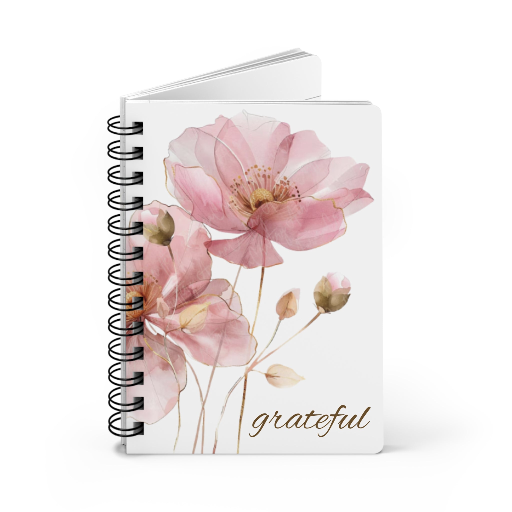 Grateful Floral Spiral Journal — Pink Watercolor Flower Notebook