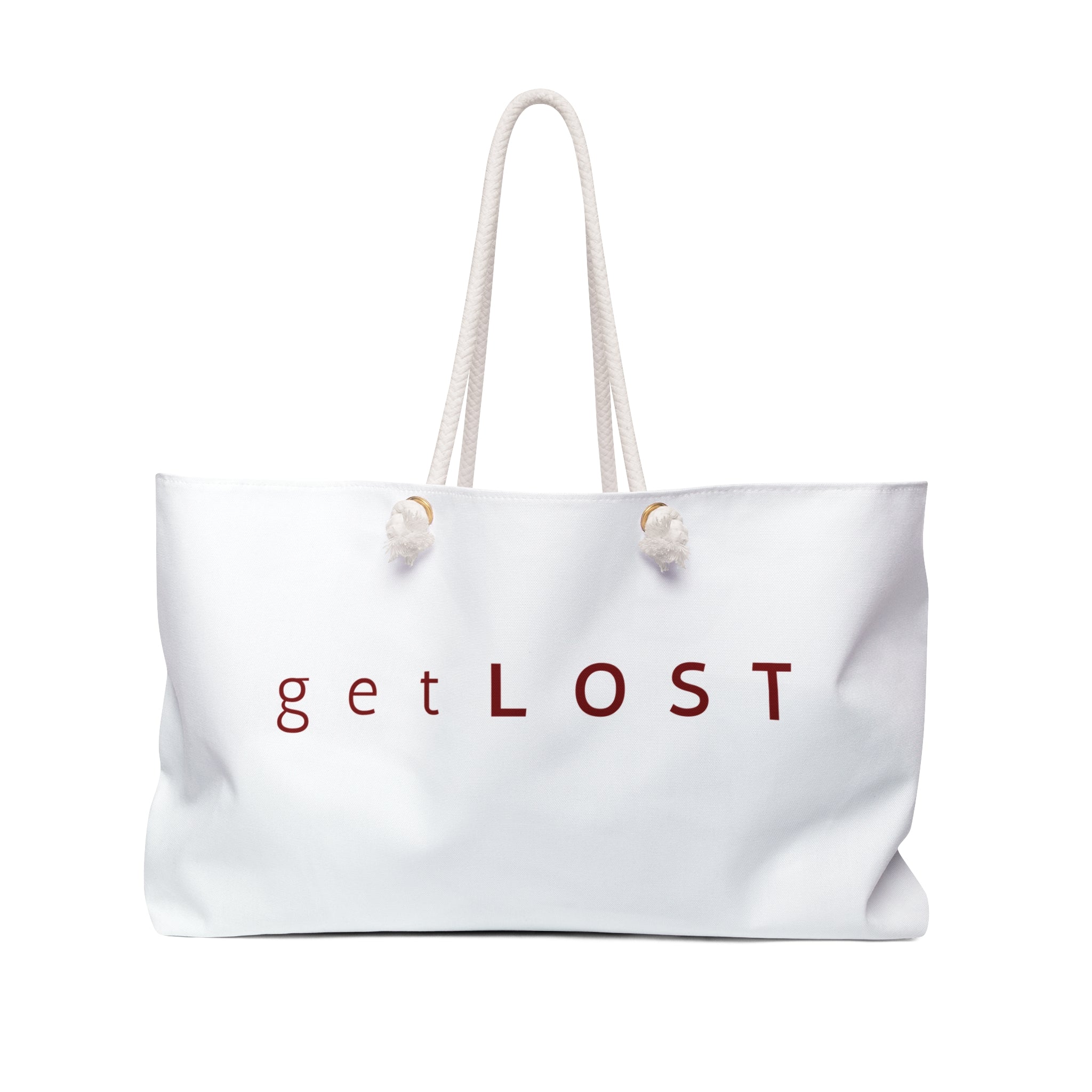 Get Lost Weekender Bag – White Canvas Travel Tote with Red Typography