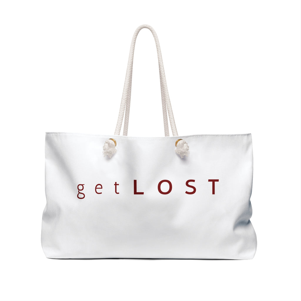 Get Lost Weekender Bag – White Canvas Travel Tote with Red Typography