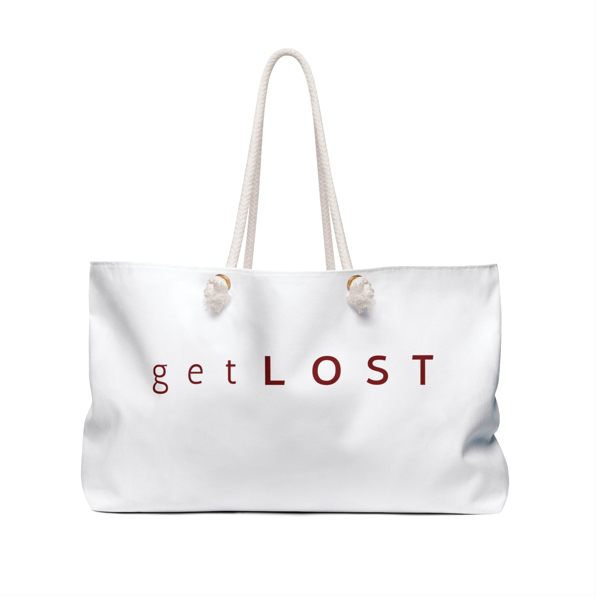 Get Lost Weekender Bag – White Canvas Travel Tote with Red Typography