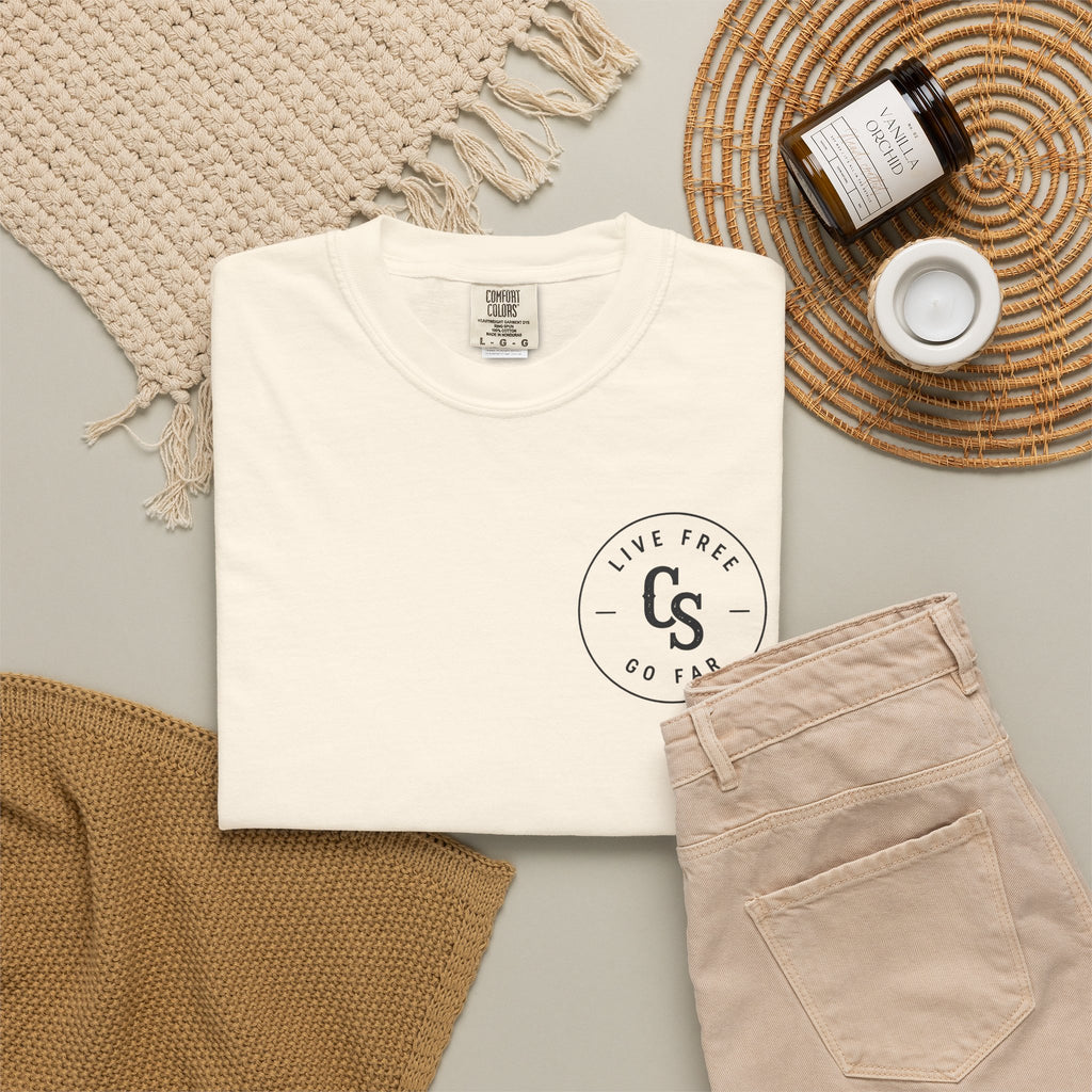 Live Free Go Far CS Logo T-Shirt | Circular Badge Chest & Back Print